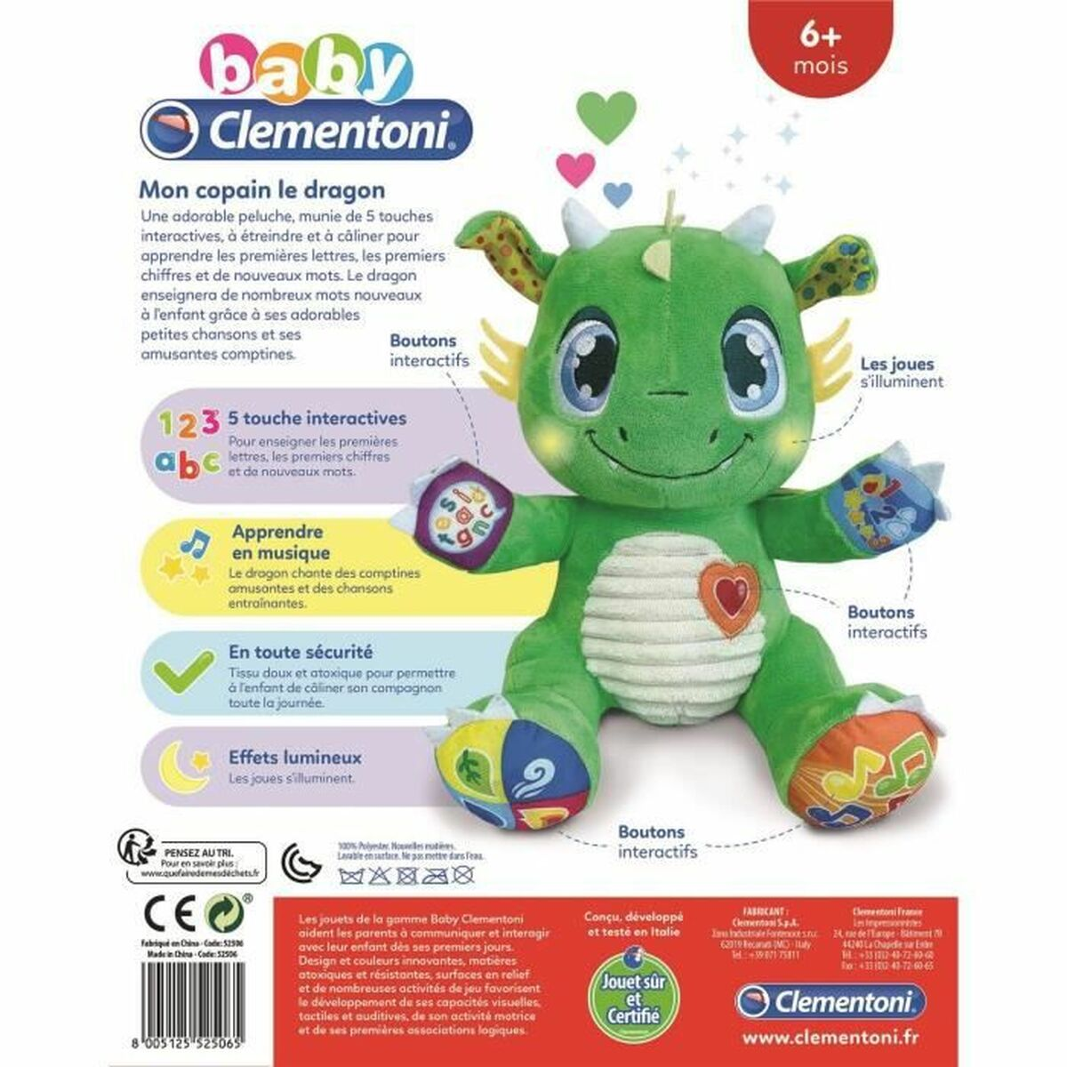 Zielona pluszowa zabawka smoka z interaktywnymi guzikami i sercem na piersi. Ma etykietę 6+ miesięcy.