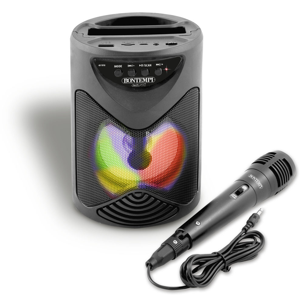 Czarny i szary głośnik z mikrofonem, tęczowymi światłami i przyciskami. Mikrofon jest czarny.