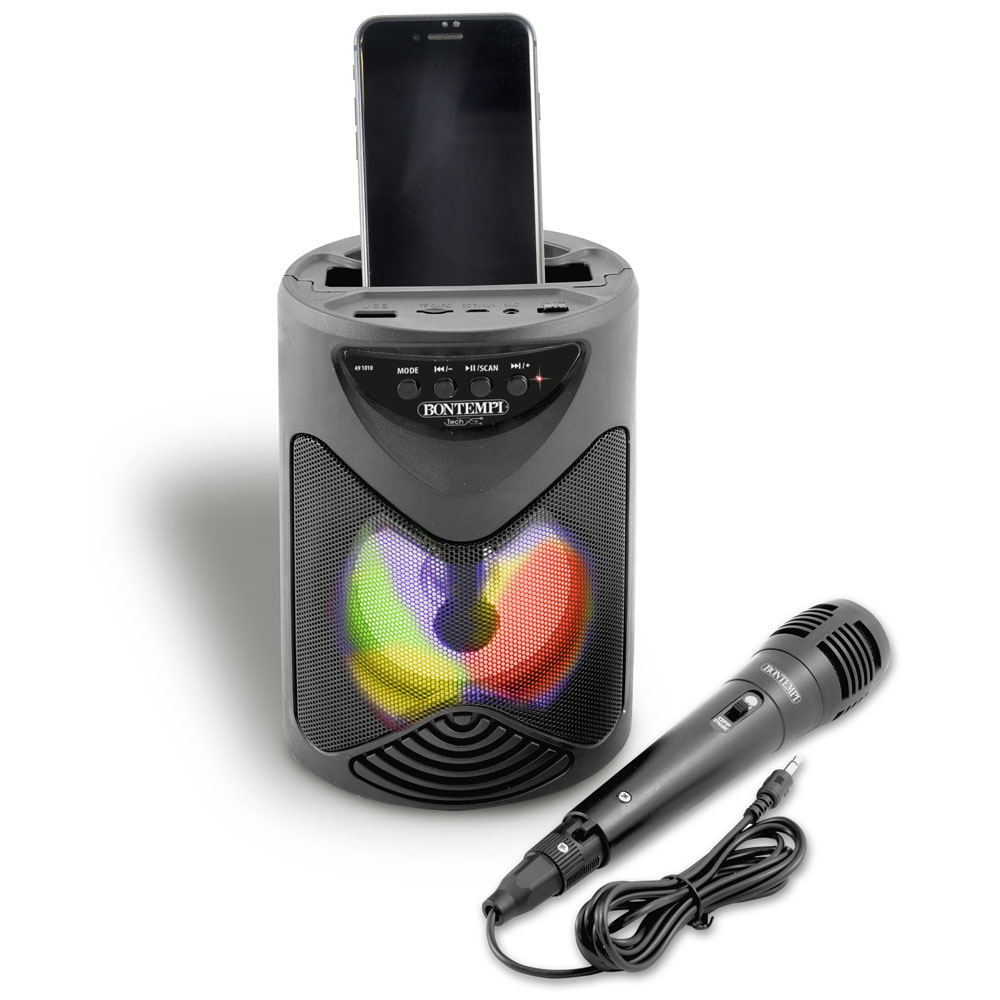 Czarny głośnik ze światłami RGB, mikrofonem i telefonem w uchwycie.