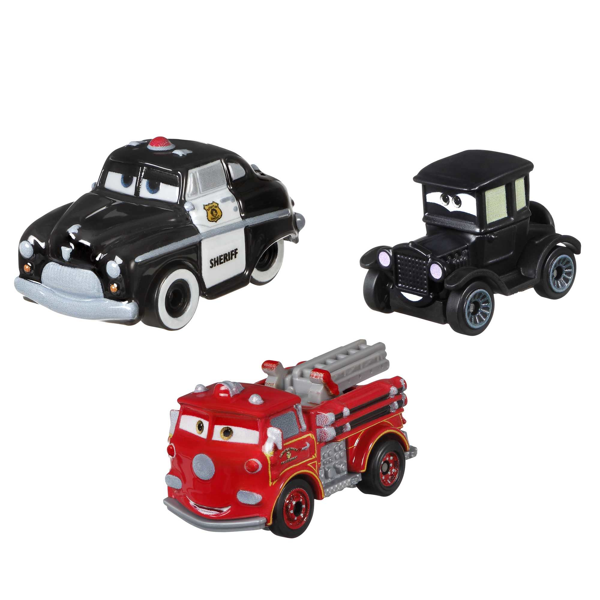 Tres coches de juguete. Uno es un coche de policía, otro un coche negro y otro un camión de bomberos.