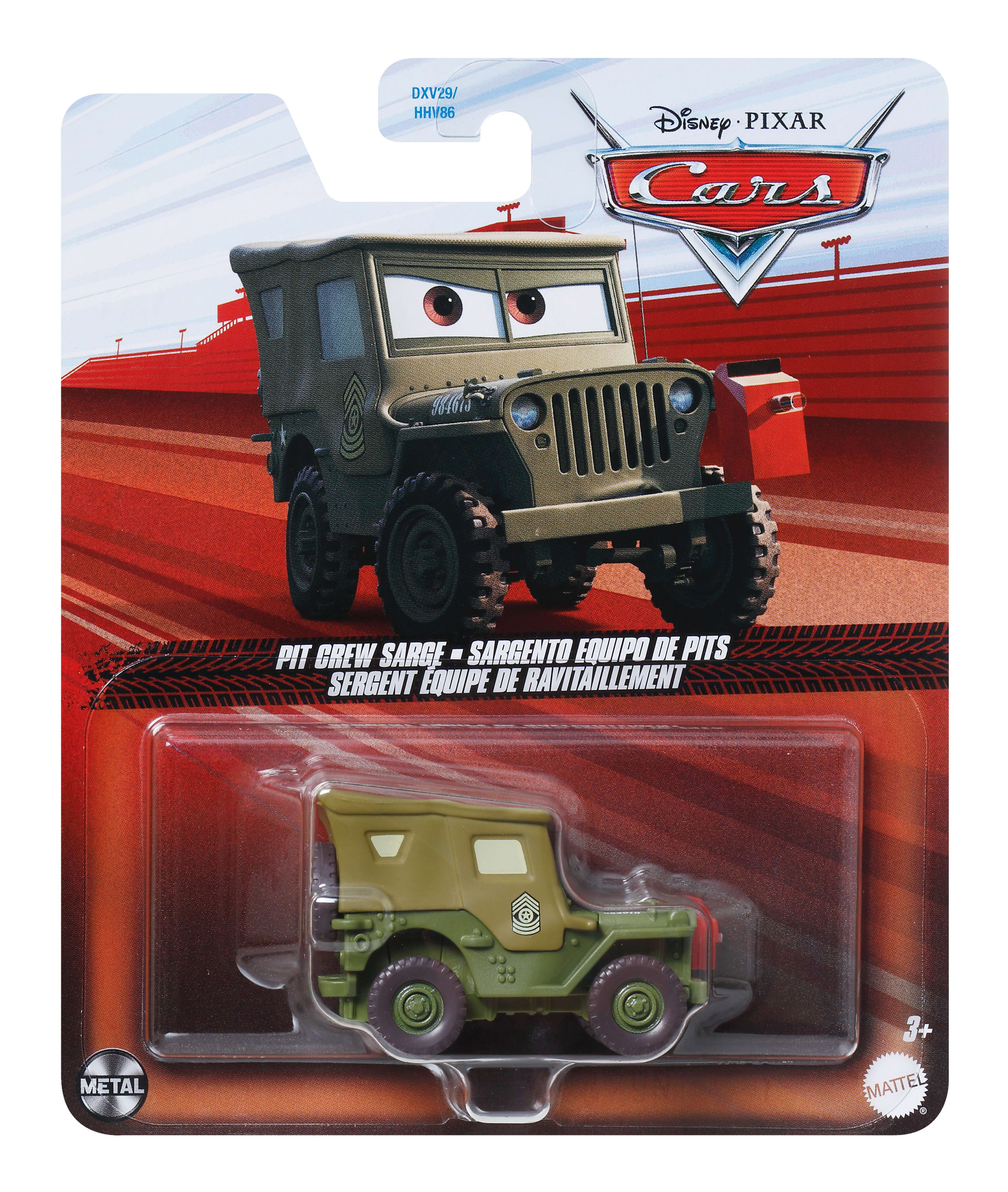 Opakowanie zabawki samochodowej. Zawiera wojskowego jeepa z serii Cars. Jeep jest oliwkowozielony.