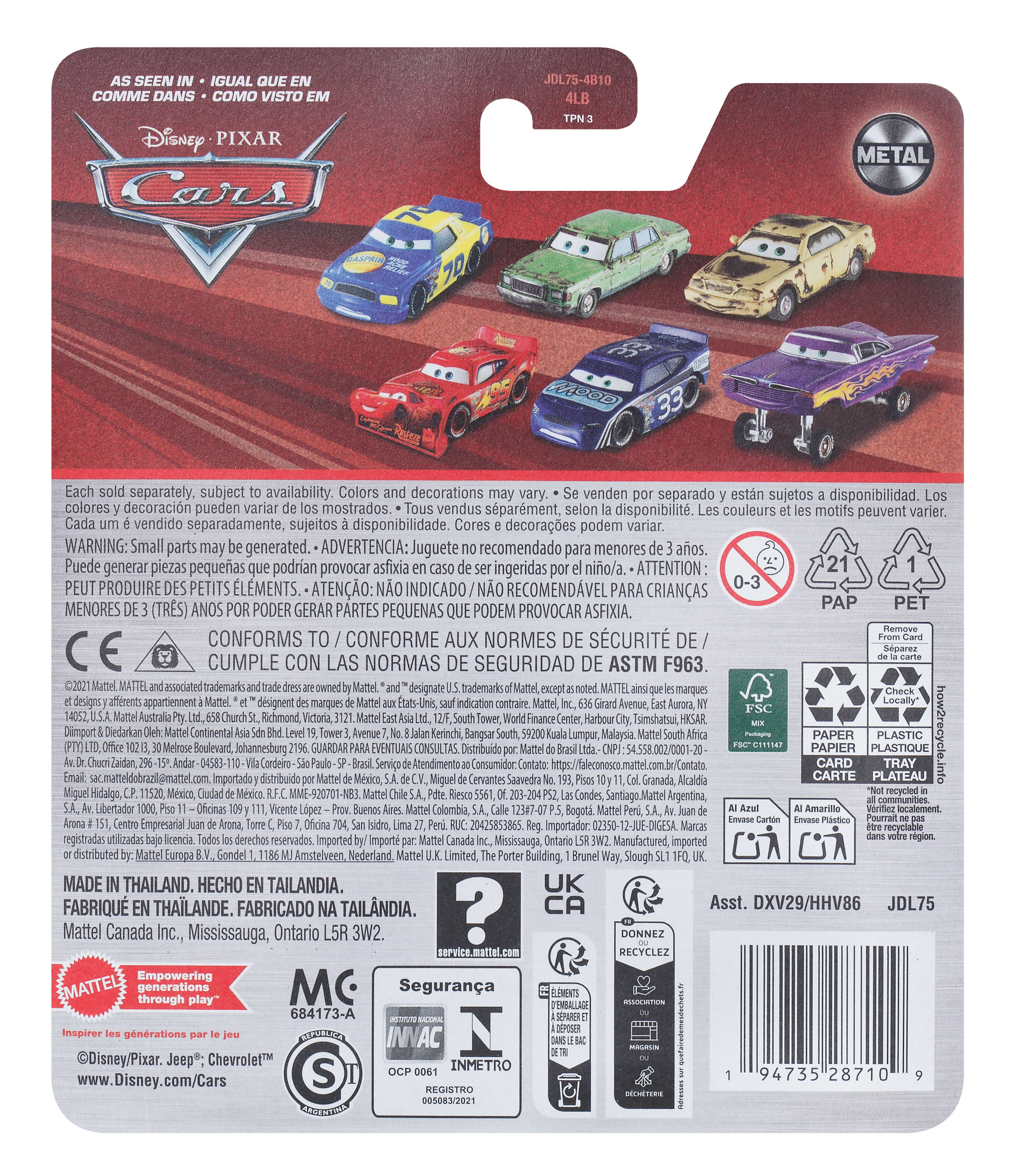 Tył opakowania zabawki Disney Cars. Zawiera nazwy samochodów i informacje dotyczące bezpieczeństwa.