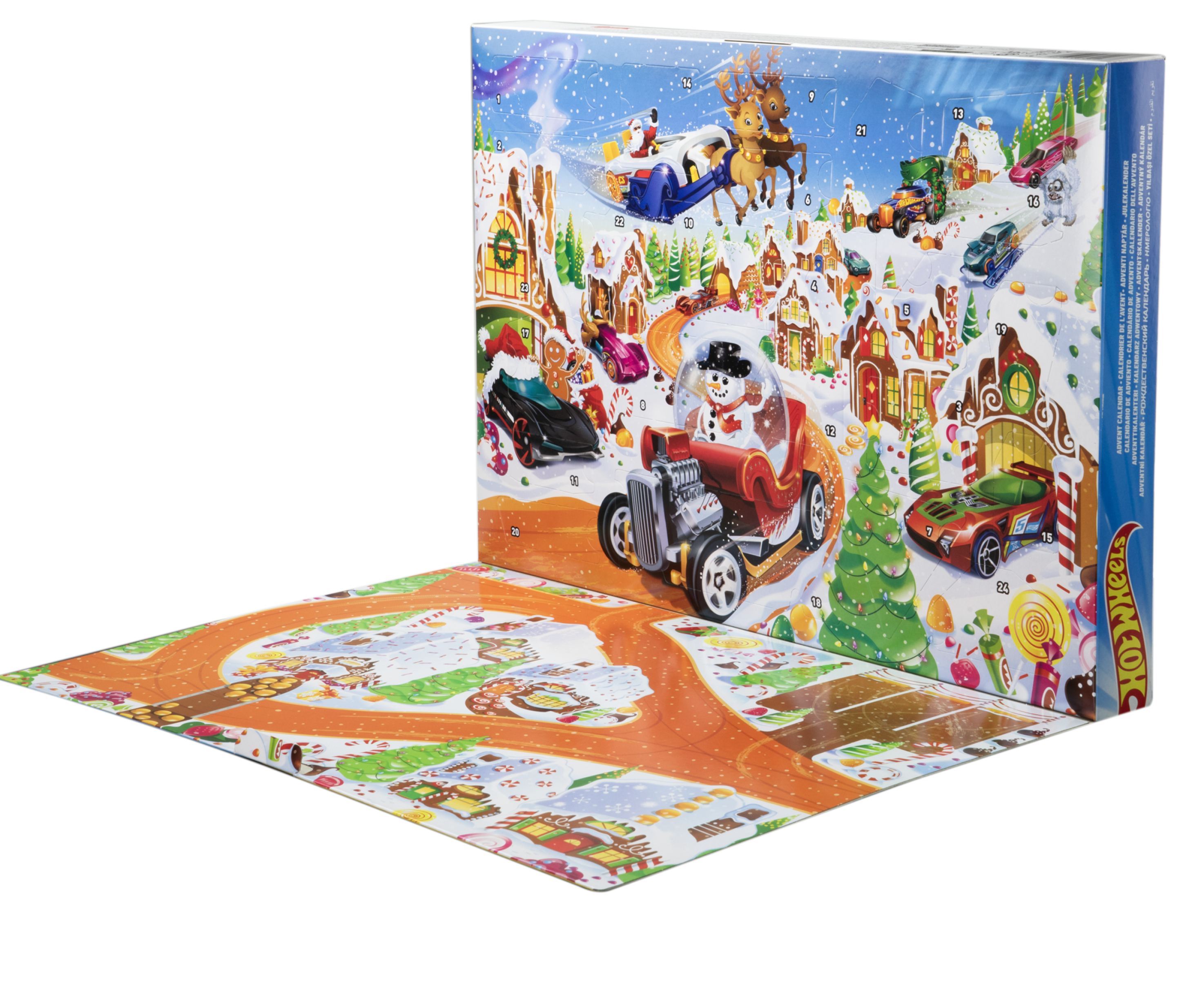 Otwarty kalendarz bożonarodzeniowy Hot Wheels, przedstawiający zdjęcia samochodów i tor.