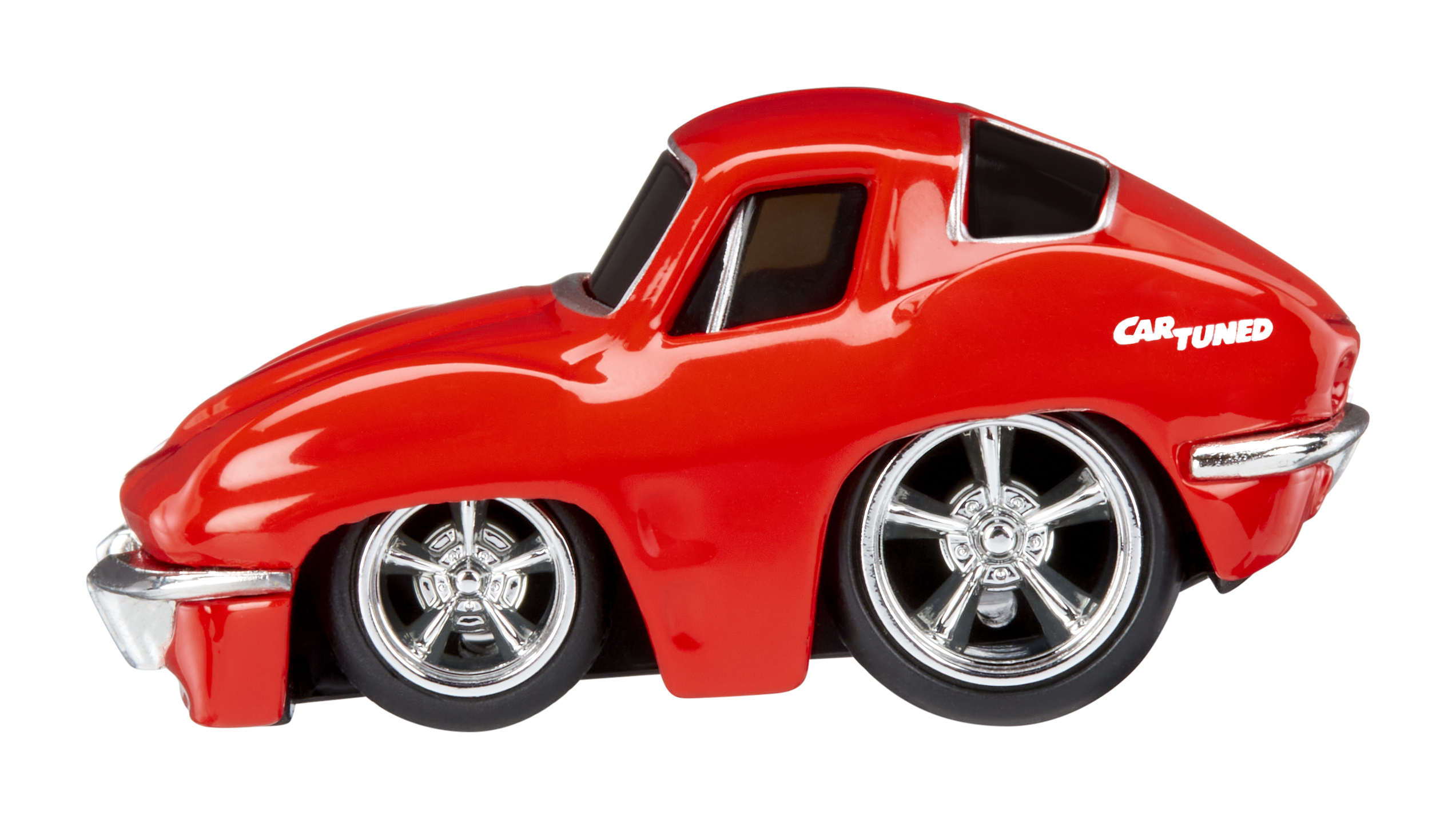 Czerwony samochodzik z dużymi oponami, chromowanymi felgami i napisem 'Car Tuned' z boku.