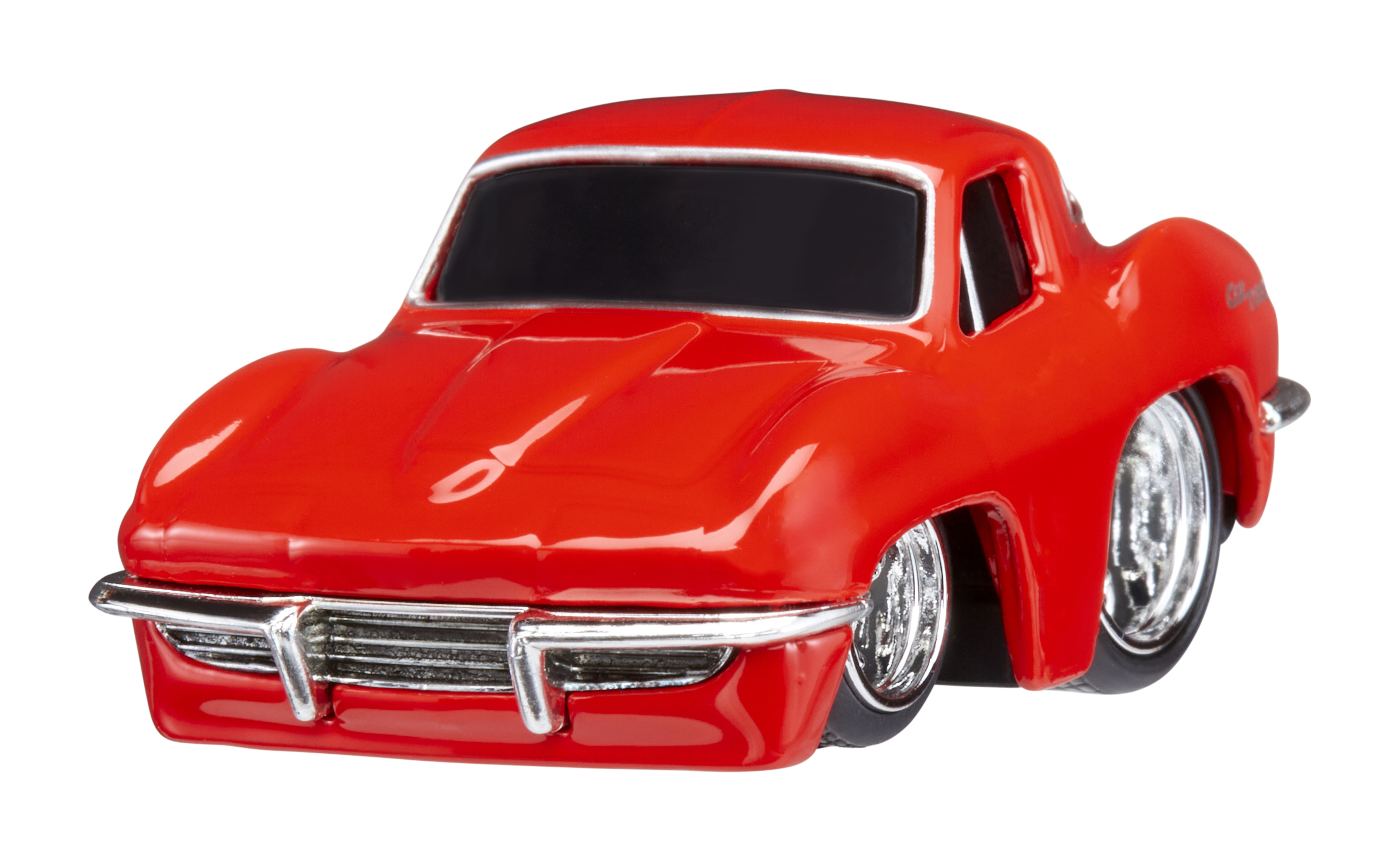 Czerwony samochodzik, klasyczny design samochodu sportowego. Błyszczące wykończenie i chromowane detale.