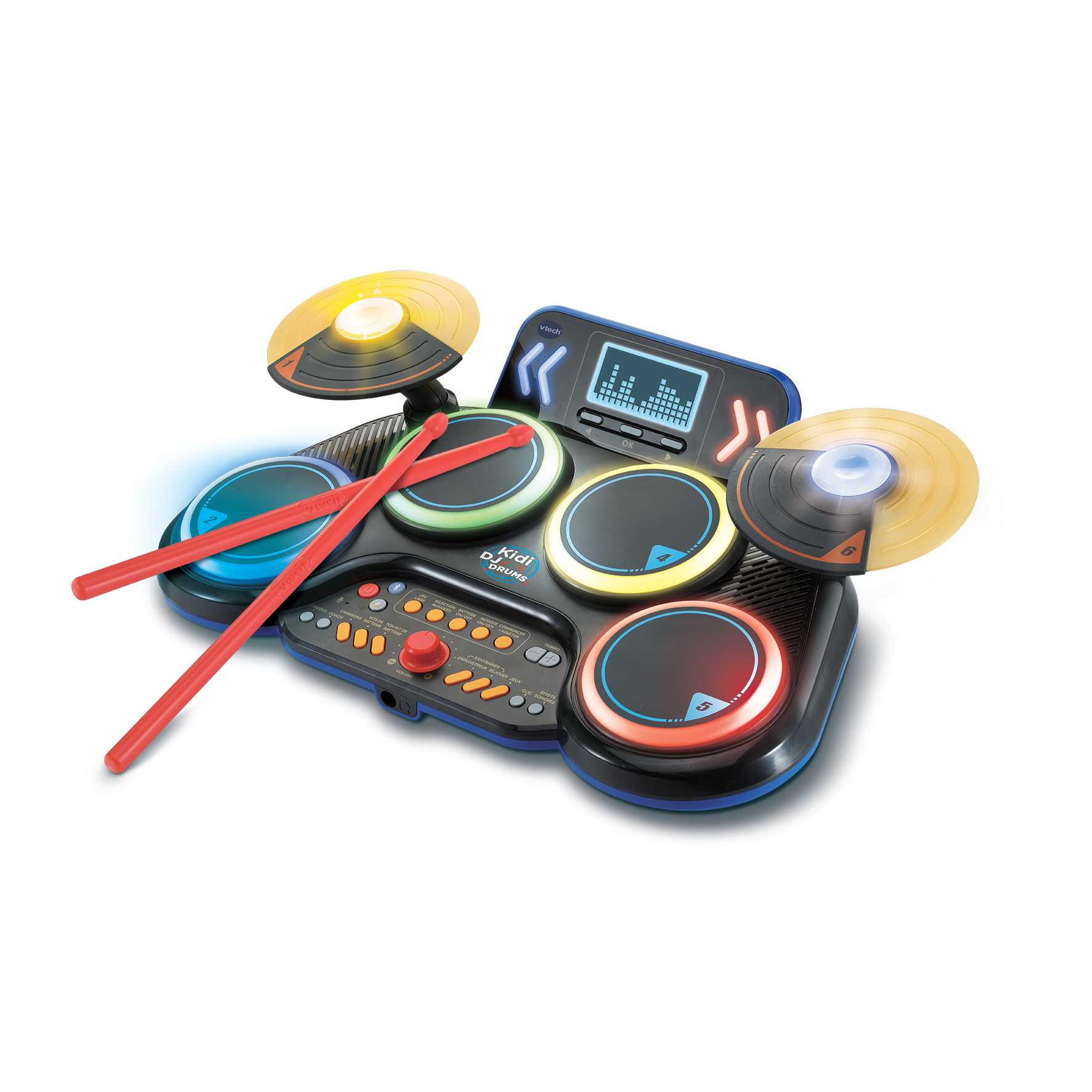 Elektronisches Spielzeug-Schlagzeug mit Trommelstöcken. Rote, blaue, gelbe Trommeln. Bedienfeld unten.