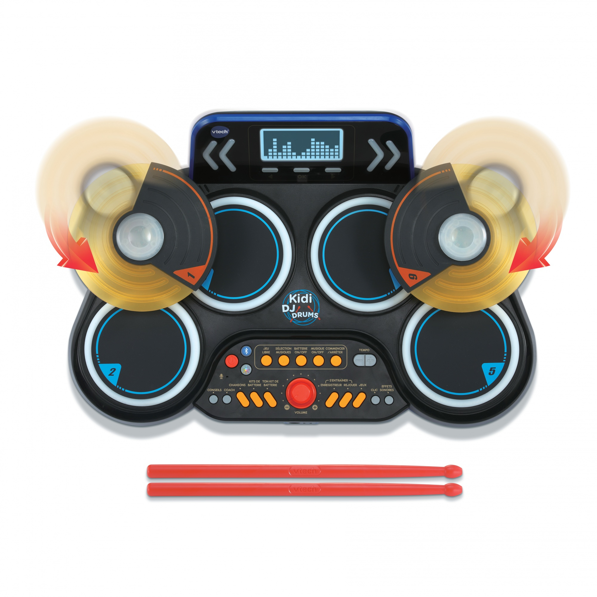 Spielzeug-Drumcomputer mit zwei Trommelstöcken, Schwarz-, Blau- und Gelb-Farbschema.