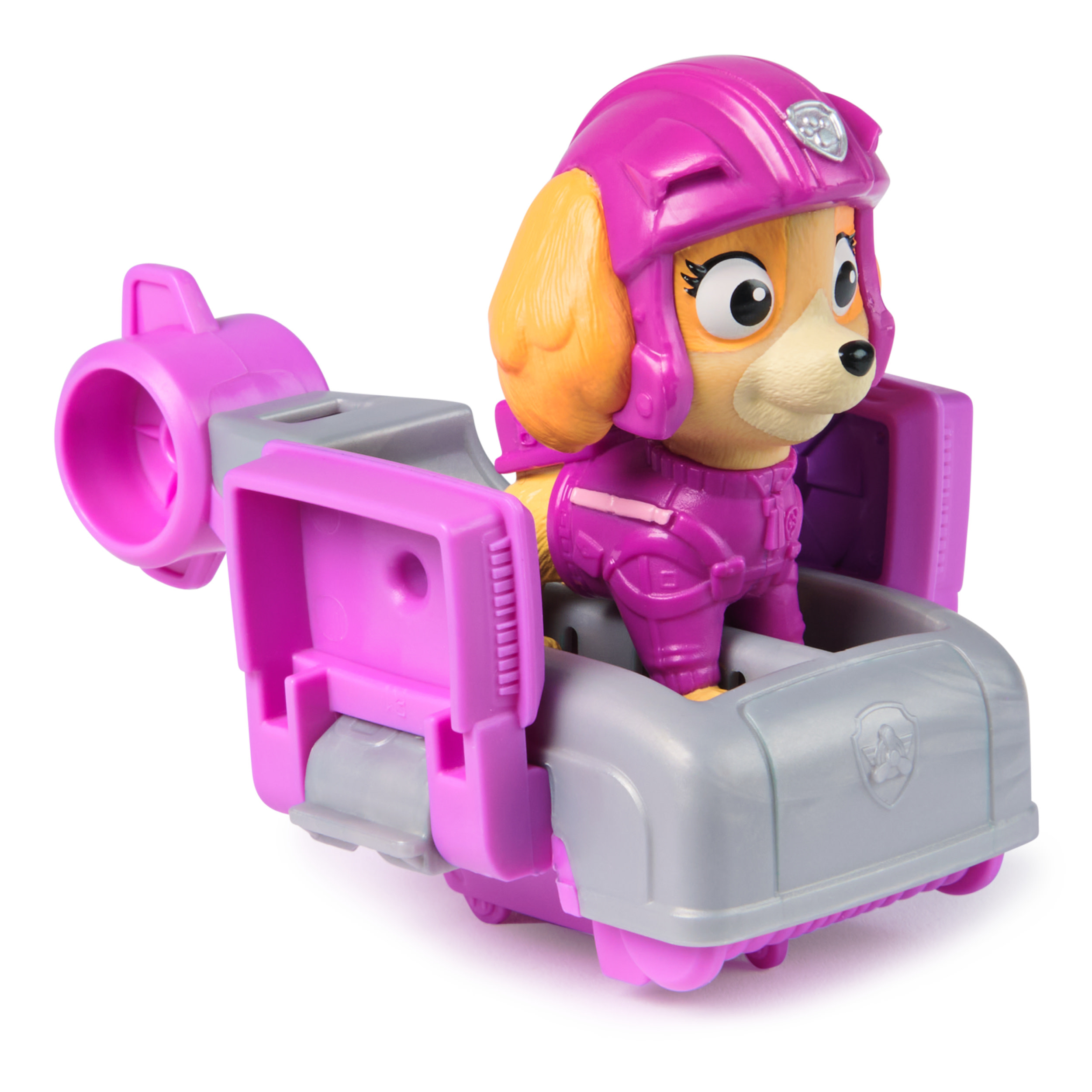 Skye-Figur mit einem rosa und grauen Fahrzeug. Sie trägt einen rosa Helm und Uniform.