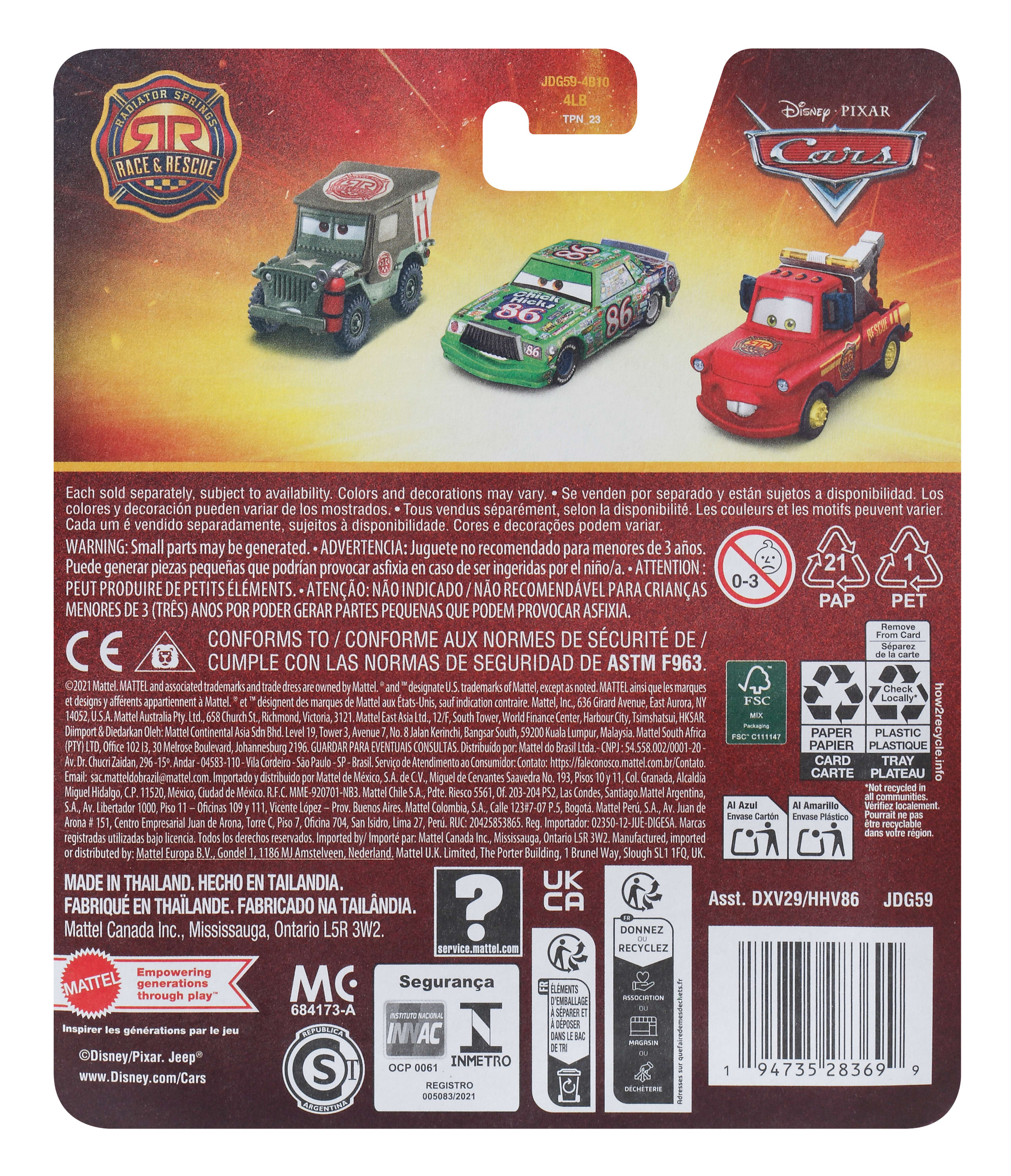 Rückseite einer Cars-Spielzeugverpackung mit drei Spielzeugautos und Sicherheitsinformationen.