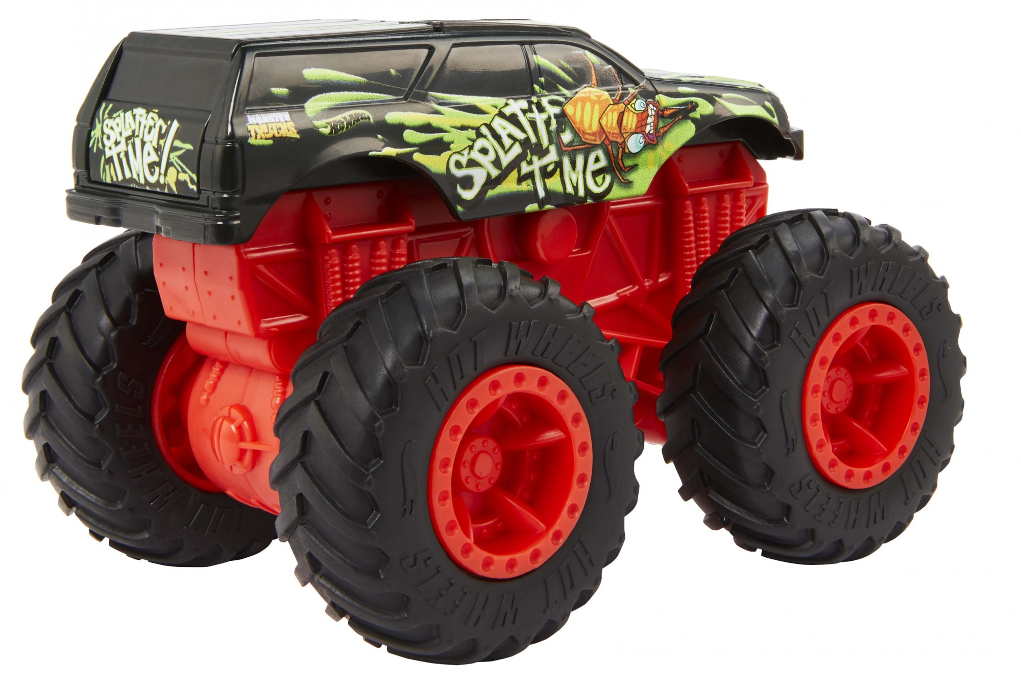 Ein schwarzer und grüner Monstertruck-Spielzeug mit dem Schriftzug 'SPLATTER TIME' an der Seite.