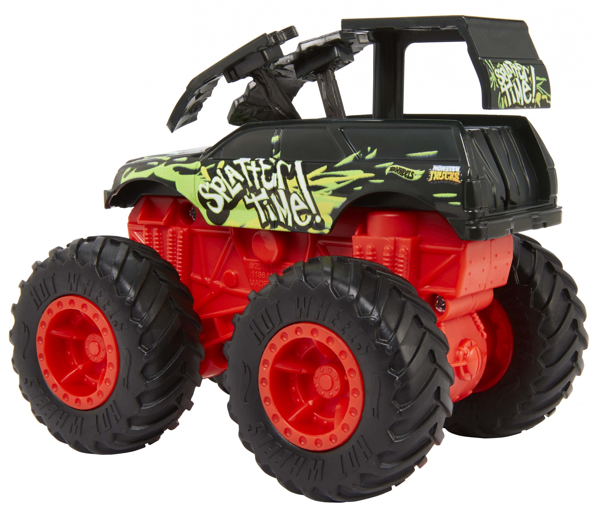 Ein schwarz-roter Spielzeug-Monstertruck mit der Aufschrift "Splatter Time!" auf der Seite.