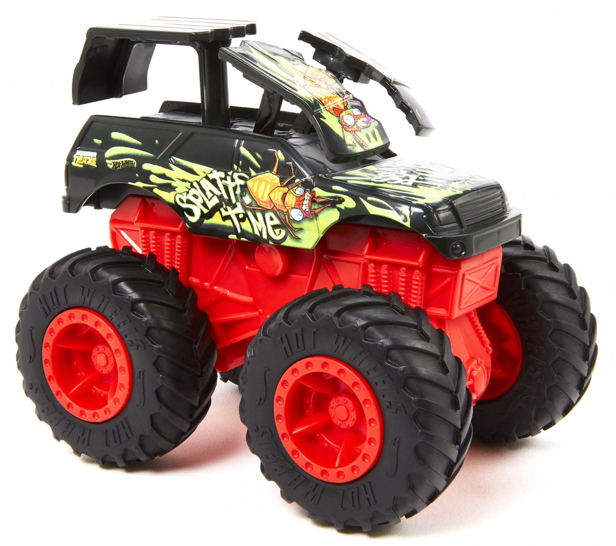 Ein rot-schwarzer Spielzeug-Monstertruck mit großen Rädern, auf dessen Seite "Splatter Time!" steht.