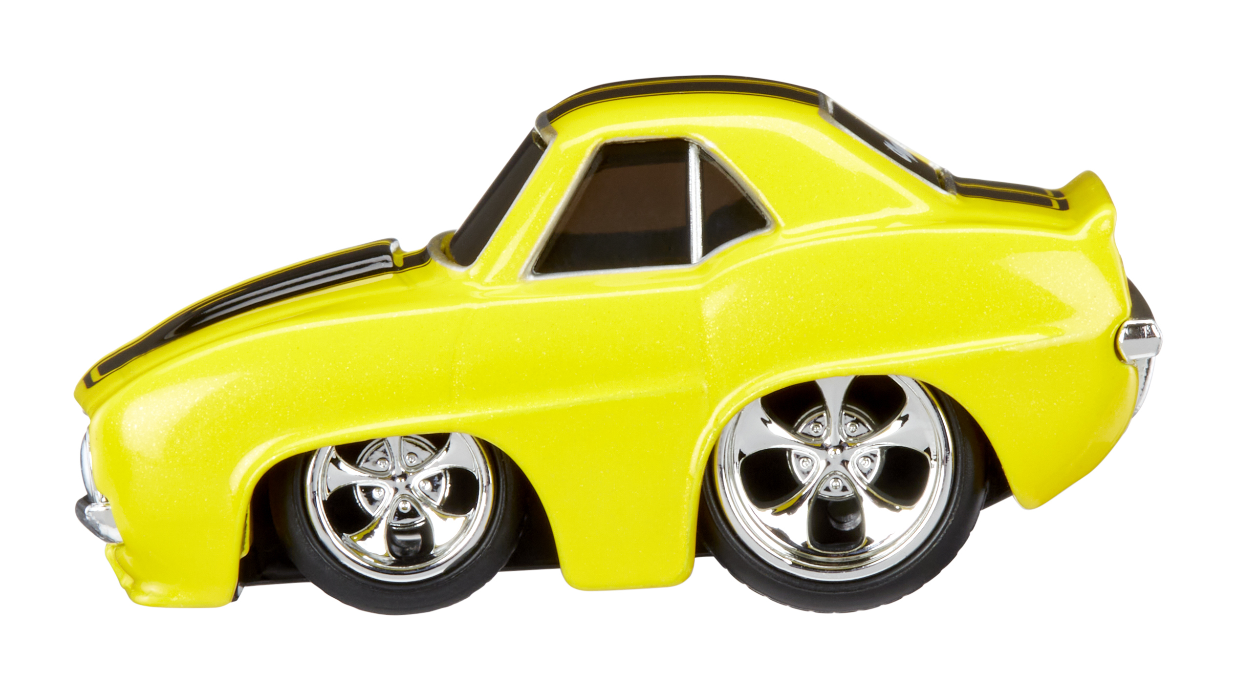 Coche de juguete amarillo. Raya negra arriba. Llantas cromadas. Fondo blanco.