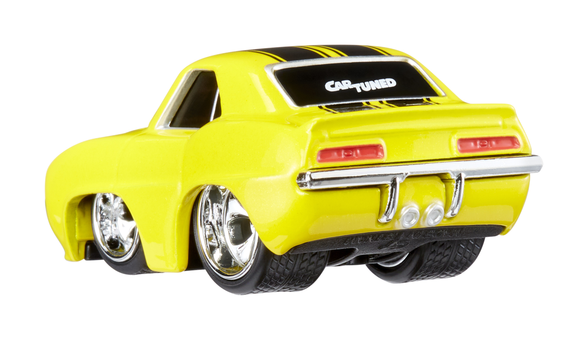 Coche de juguete amarillo con rayas negras, vista trasera, con texto CAR-TUNED.