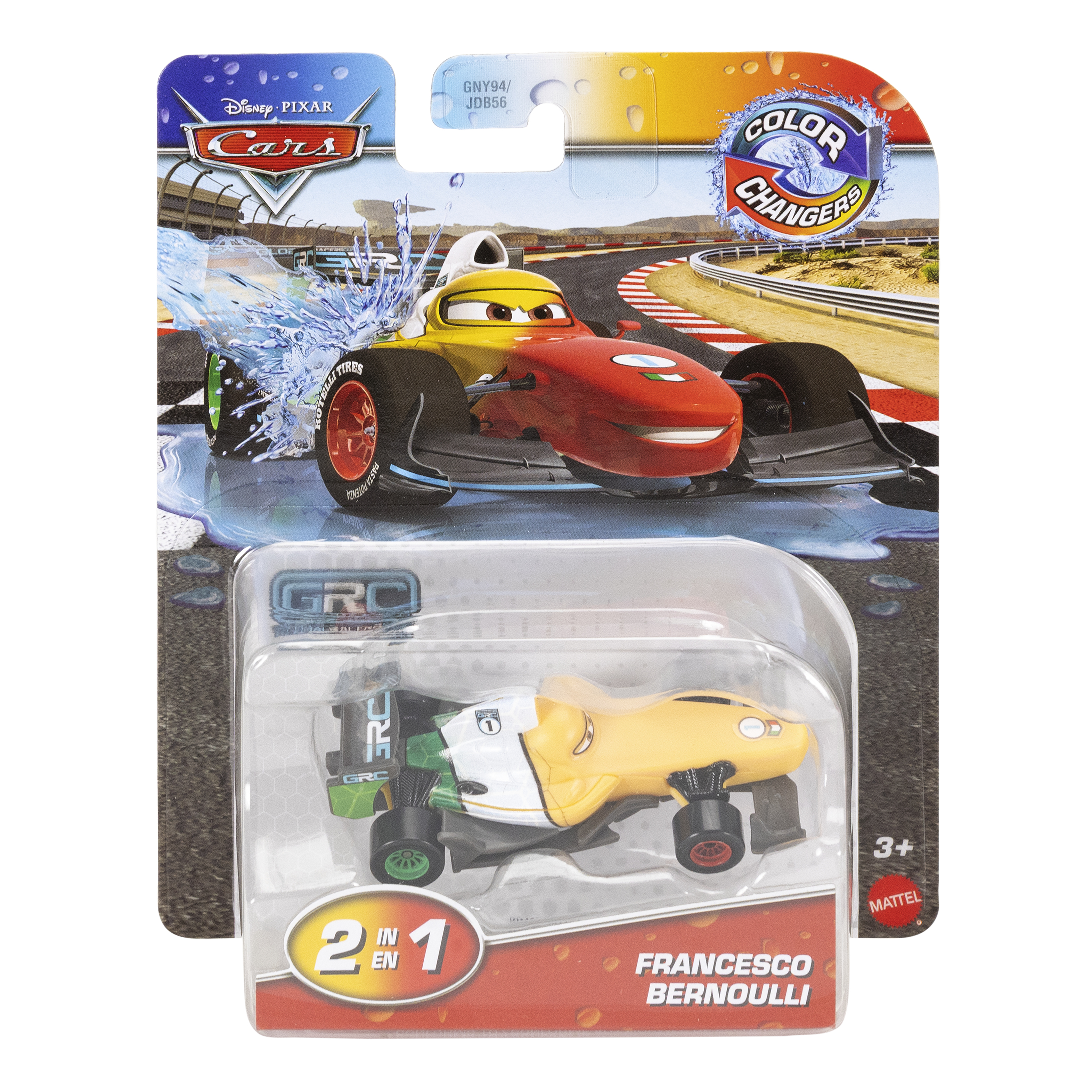 Zabawkowy samochód w opakowaniu. Czerwony i żółty.