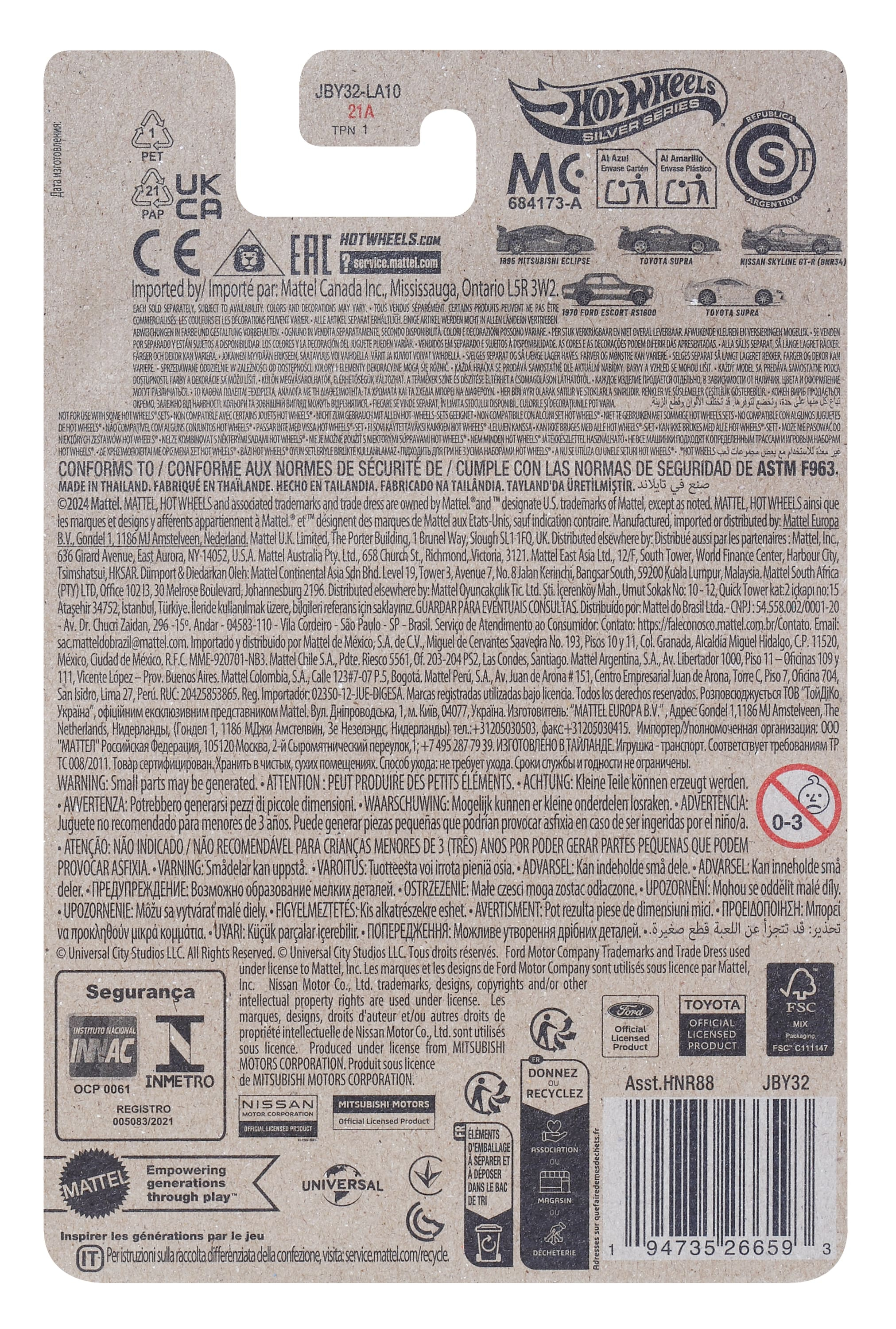 Rückseite einer Hot Wheels Spielzeugverpackung. Enthält Text in mehreren Sprachen. Weißer Hintergrund.