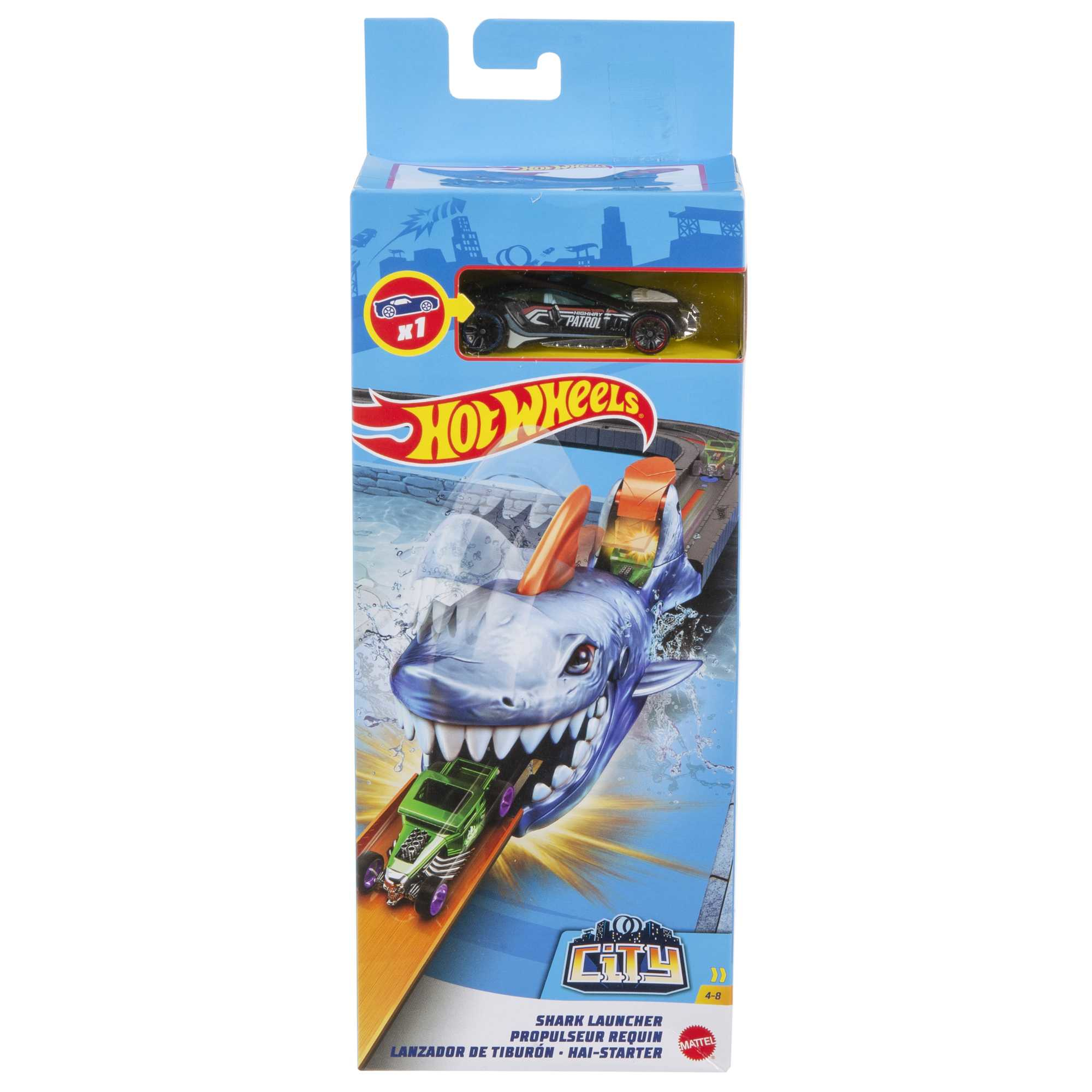 Zestaw zabawek Hot Wheels Shark Launcher z głową rekina i zielonym samochodem.