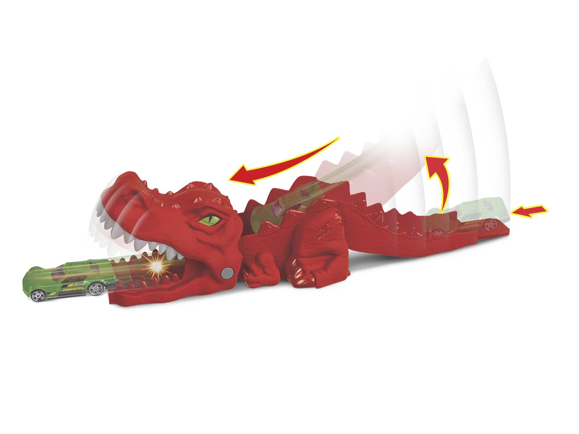 Zabawkowy aligator z samochodem połykanym i poruszającym się po białej powierzchni.