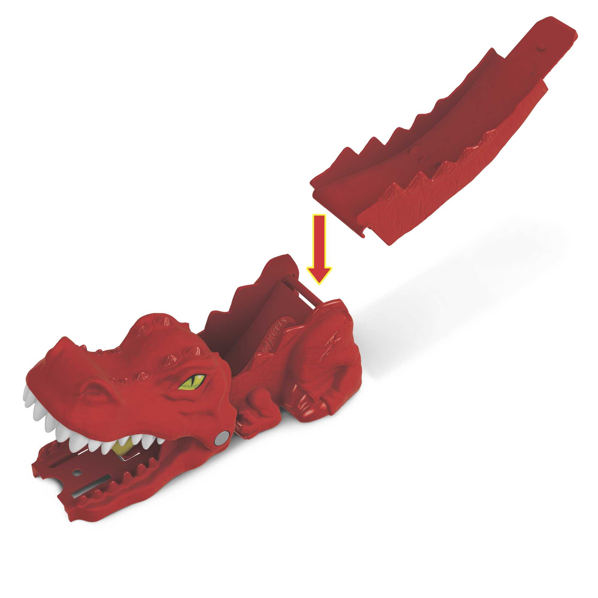 Czerwona głowa zabawki aligatora z otwartą paszczą i oddzielna część, która pasuje do pyska.