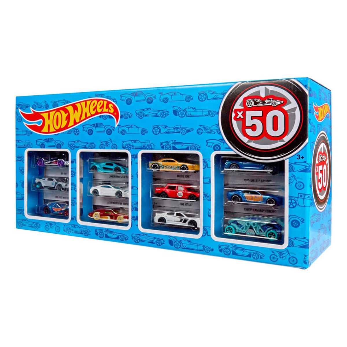 Eine Schachtel mit Hot Wheels Autos. Es ist eine blaue Schachtel mit einer Sammlung verschiedener Spielzeugautos.
