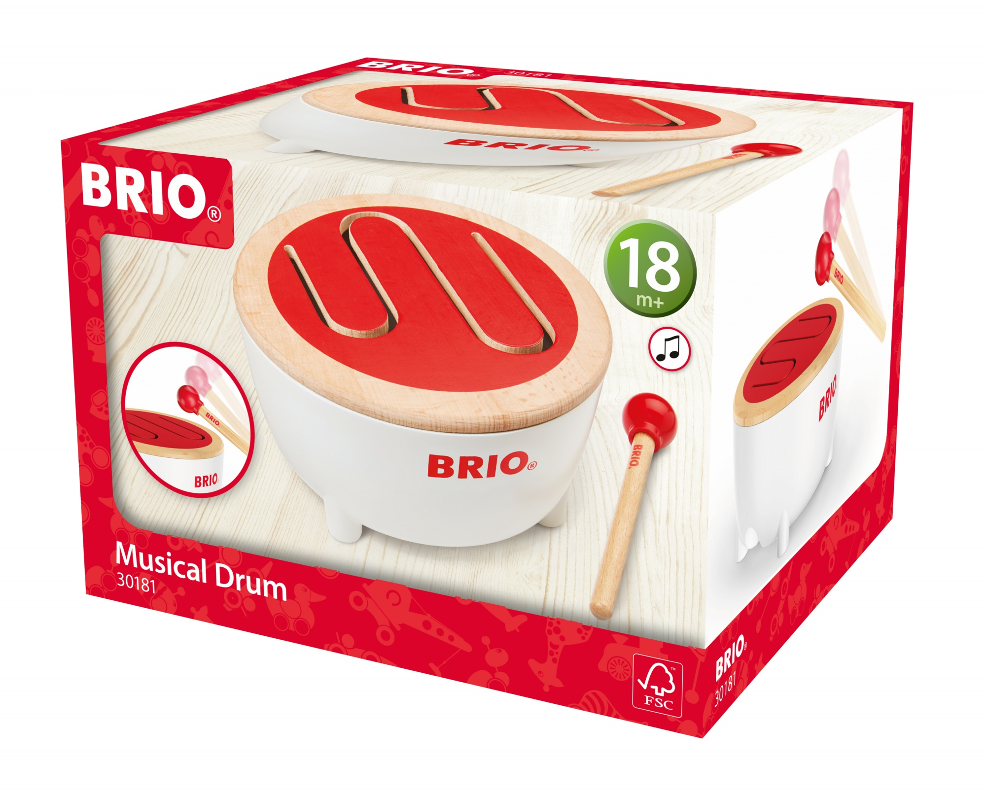 Eine Spielzeugtrommel in einer Box, mit rotem Trommelfell und Holzstöcken, auf weißem Hintergrund.