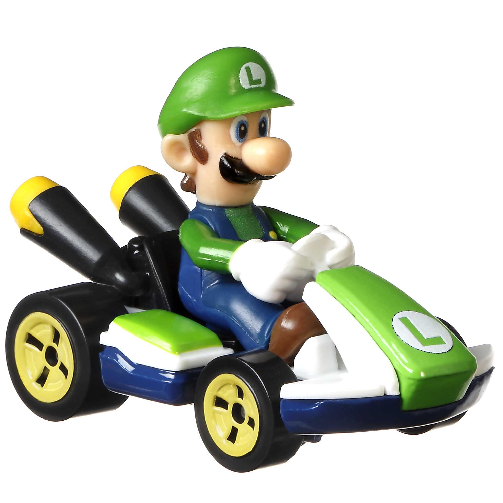 Luigi w zielono-białym gokarcie. Nosi zieloną czapkę i niebieskie ogrodniczki. Gokar ma żółte koła.