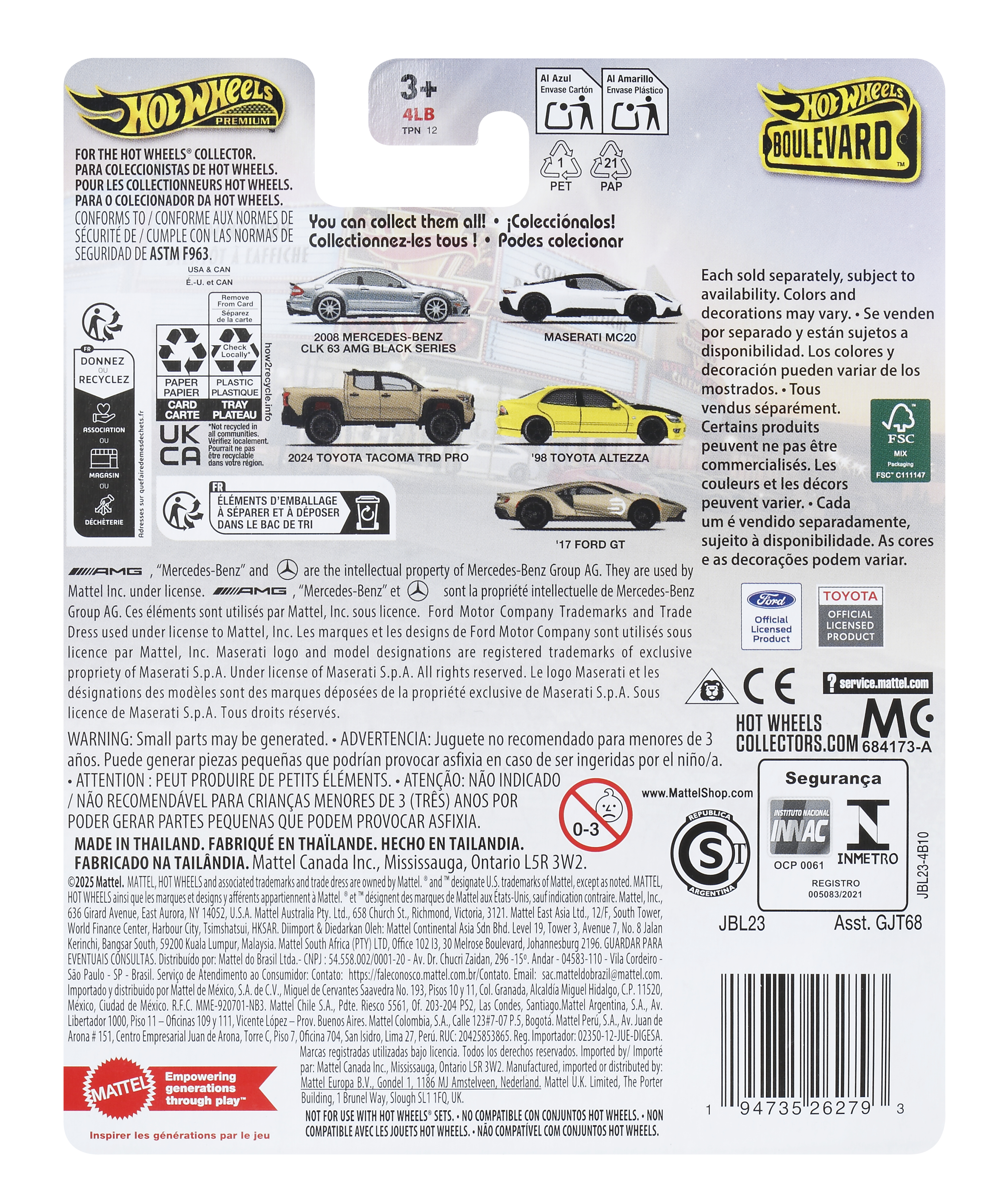 Tył opakowania produktu z tekstem, symbolami recyklingu i zdjęciami samochodów Hot Wheels.