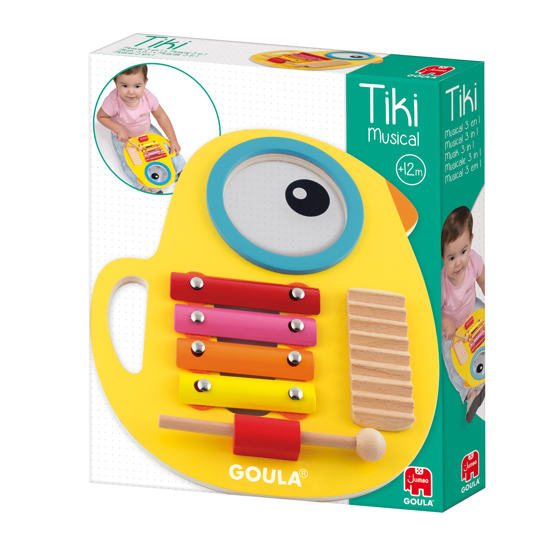 Un juguete musical Tiki amarillo con una cara, barras y una maza.