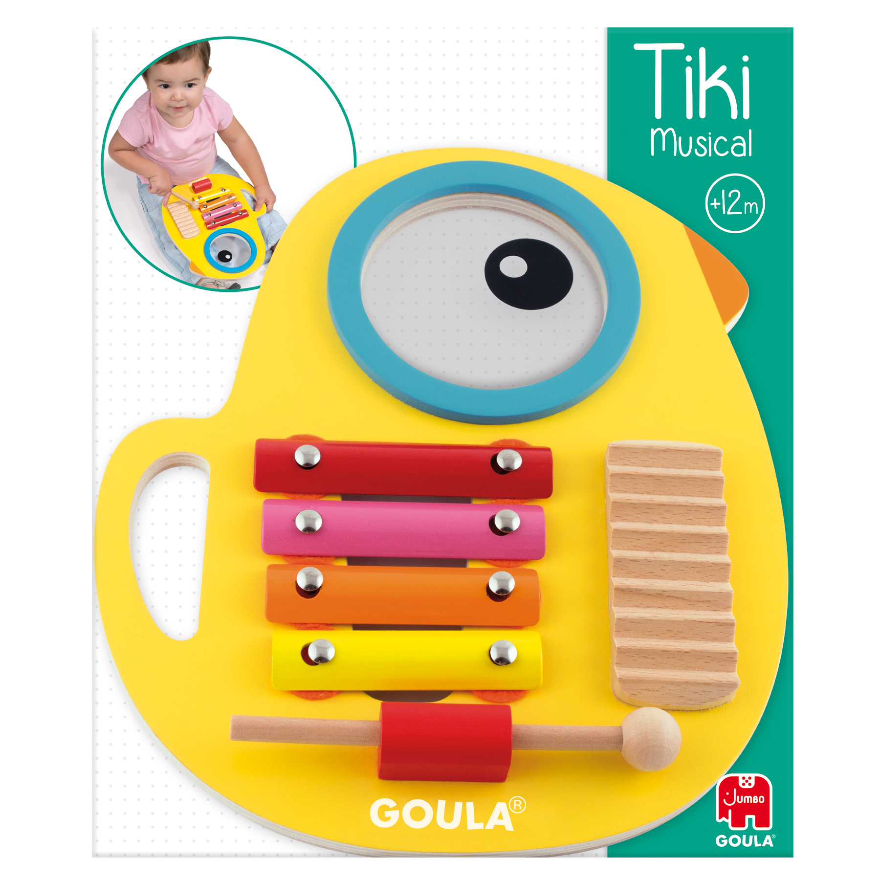 Un instrumento musical de juguete amarillo con un xilófono y un bebé mirándolo.
