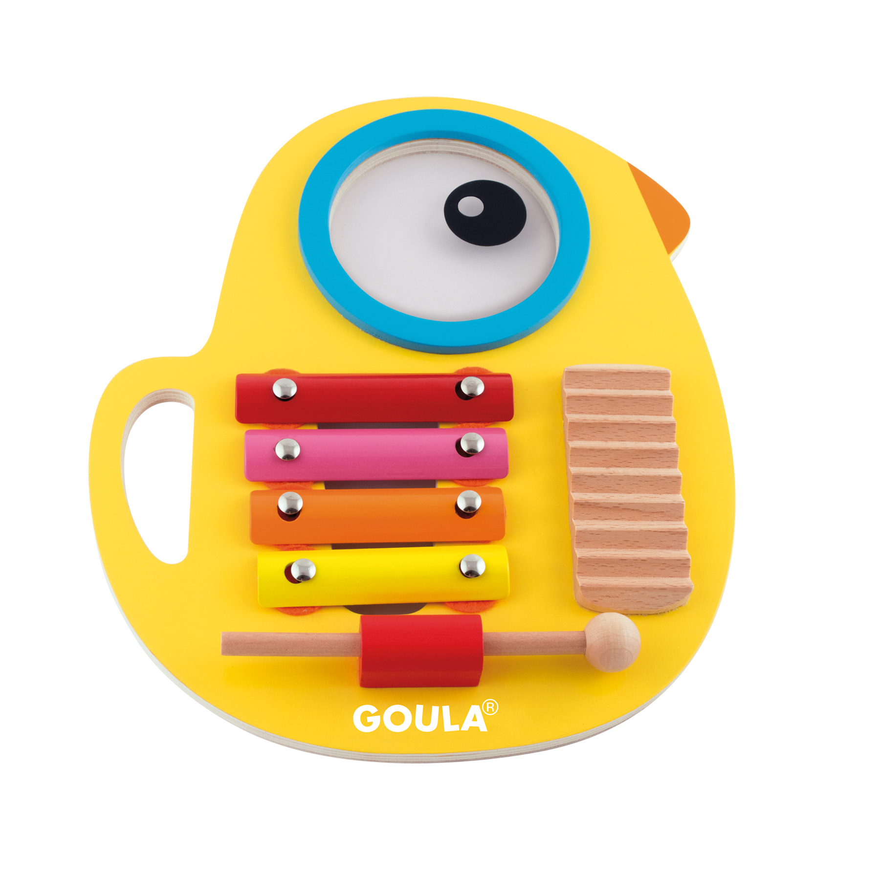 Juguete xilófono en forma de pájaro amarillo con barras de colores y una maza de madera sobre fondo blanco.
