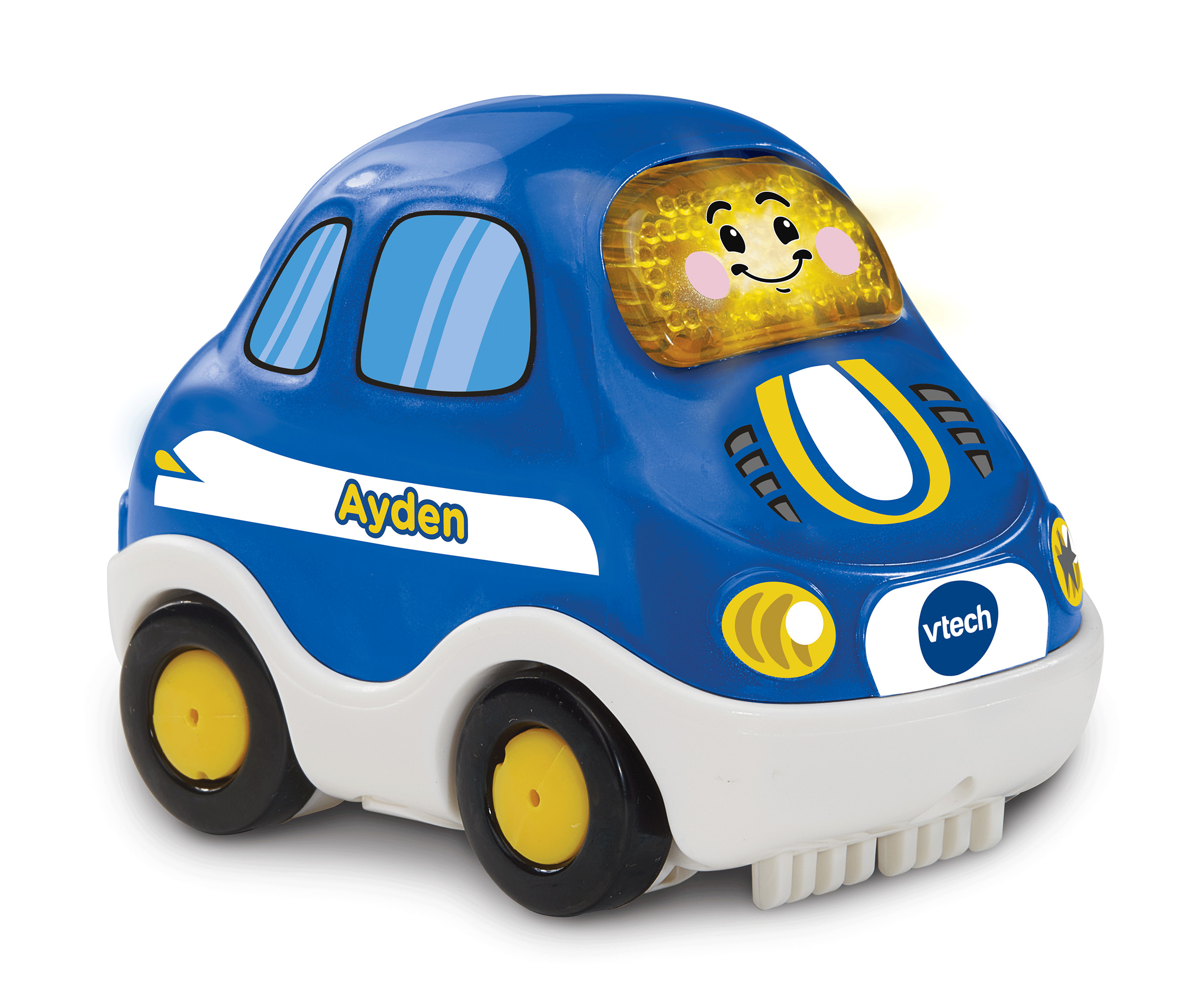 Coche de juguete azul y blanco con ruedas amarillas, franja blanca y nombre Ayden.