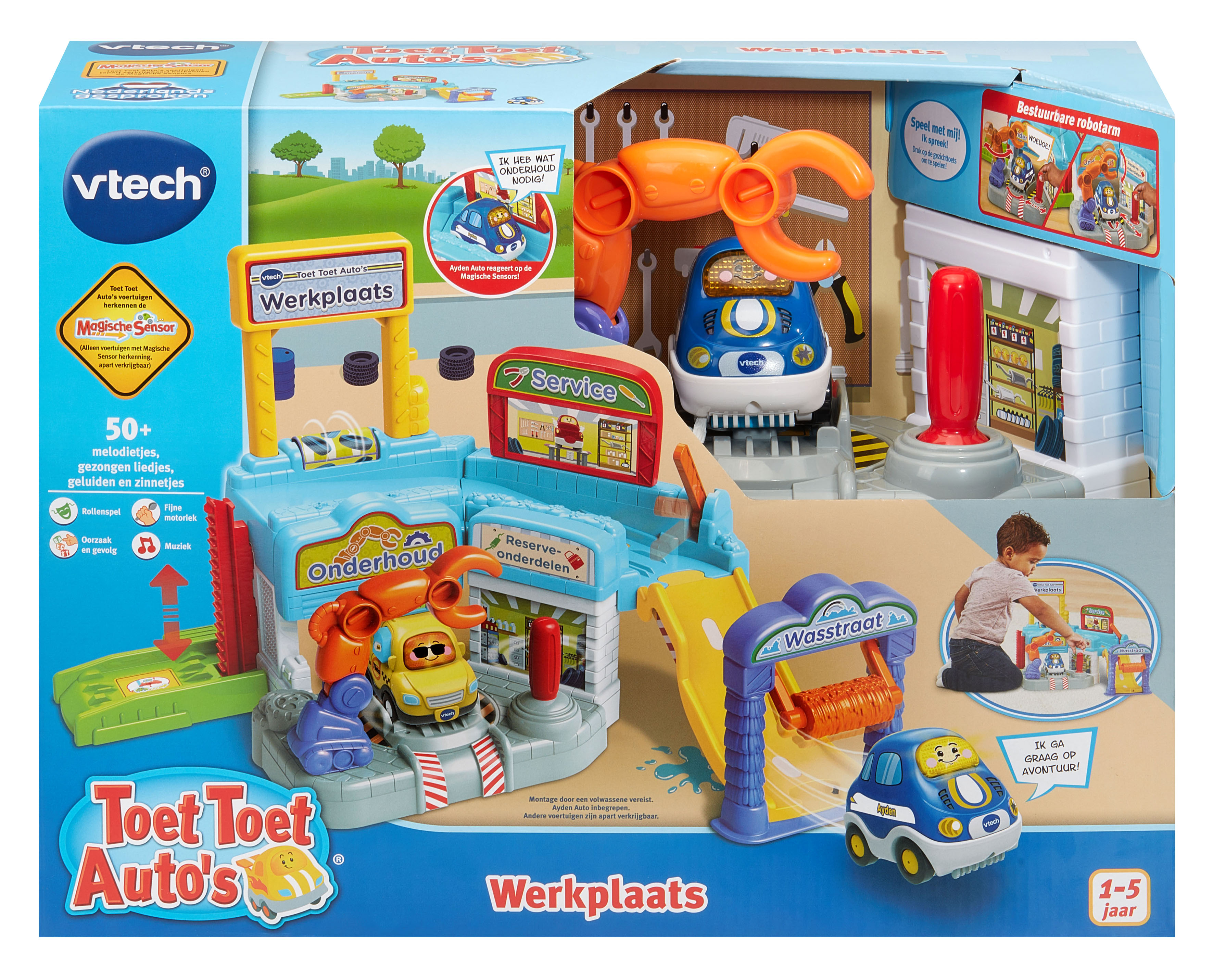 Juego de garaje de juguete con coches y un niño. El conjunto es azul, amarillo y naranja con la palabra Werkplaats.