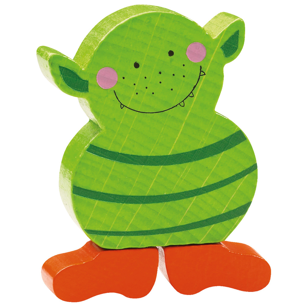 Ein grünes Holzspielzeugmonster mit rosa Wangen und grünen Streifen. Es hat orange Füße und ein lächelndes Gesicht.