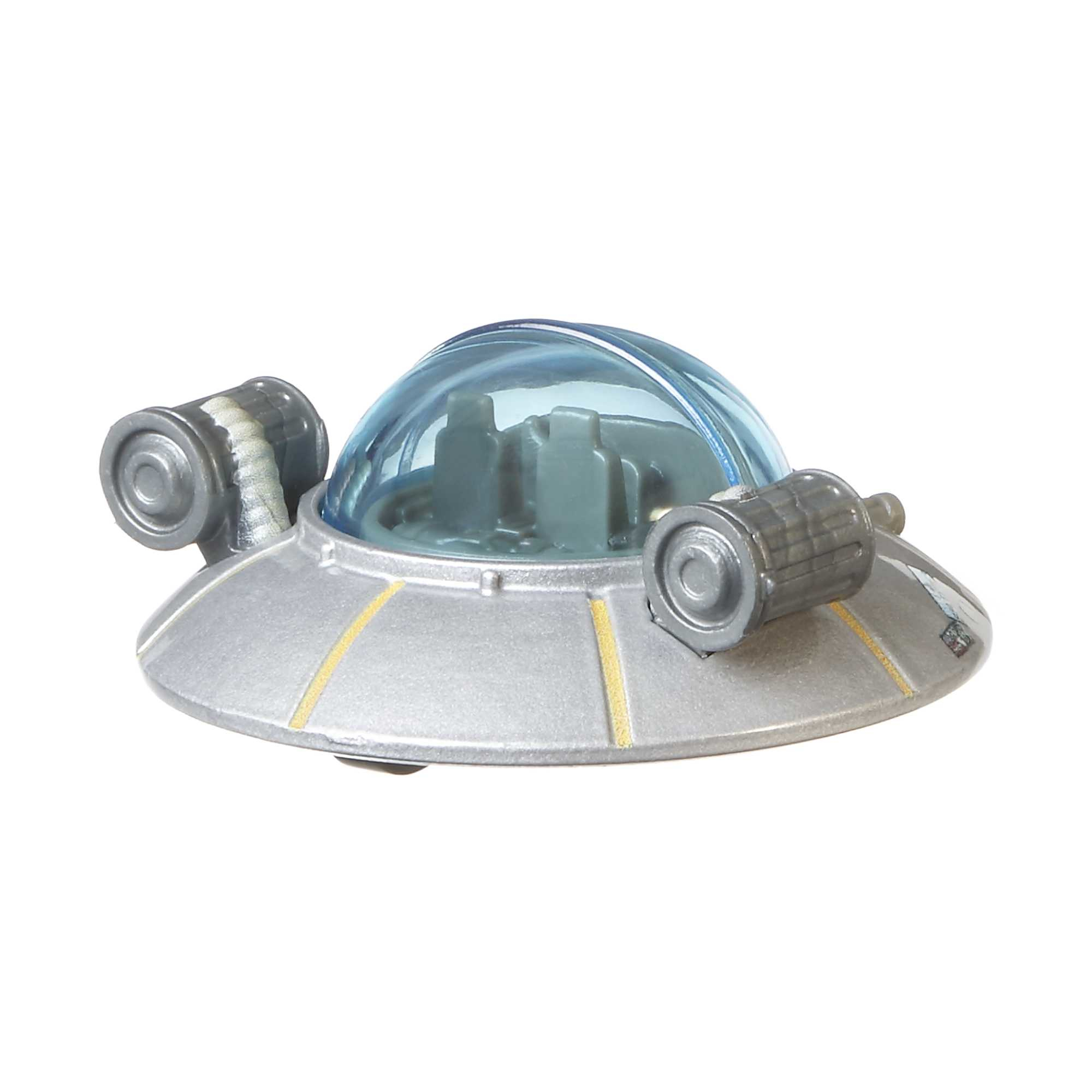 Un'astronave giocattolo argentata con cupola blu e cilindri laterali. Il design è simmetrico.