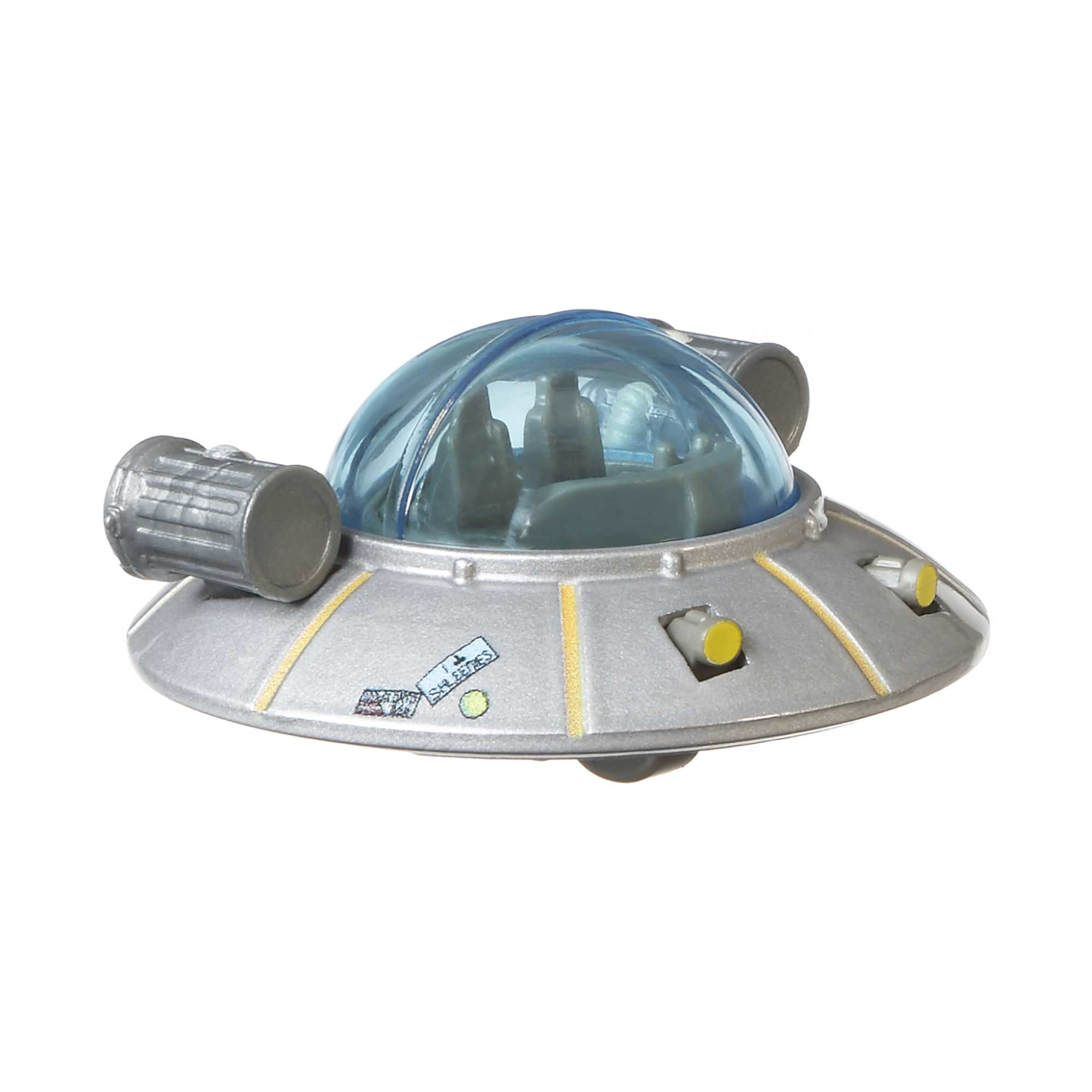UFO giocattolo argentato con una cupola trasparente e piccoli motori laterali.
