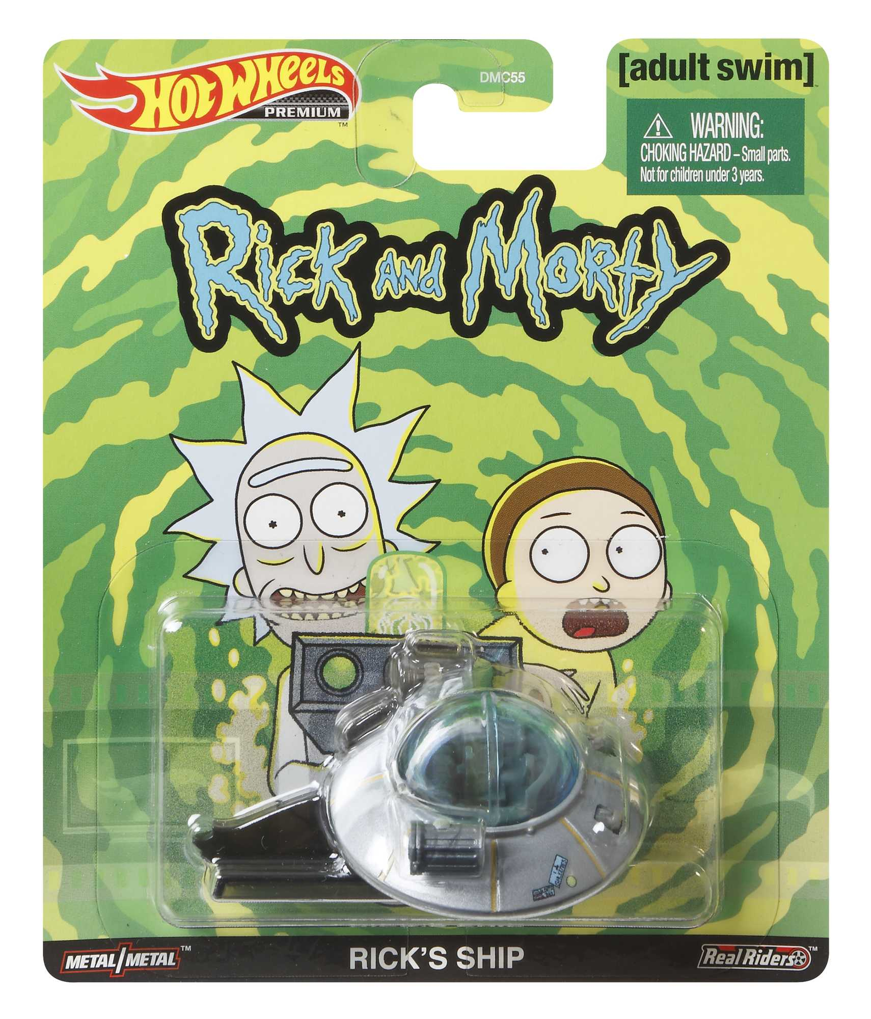 Macchina giocattolo navicella spaziale Rick e Morty in una confezione. Sfondo verde con i personaggi dello show.