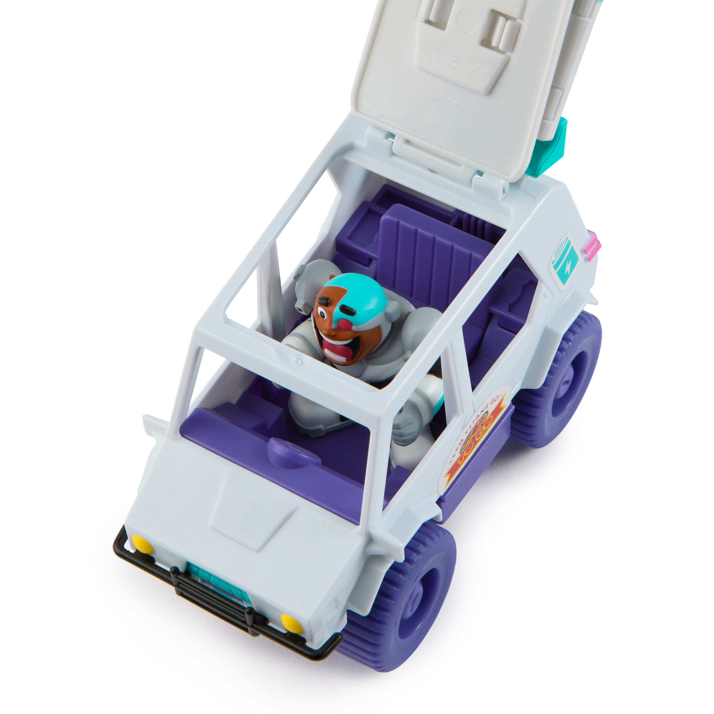 Ein Spielzeugauto mit einer Figur im Inneren. Es ist ein weißes Fahrzeug mit lila Sitzen und Rädern.