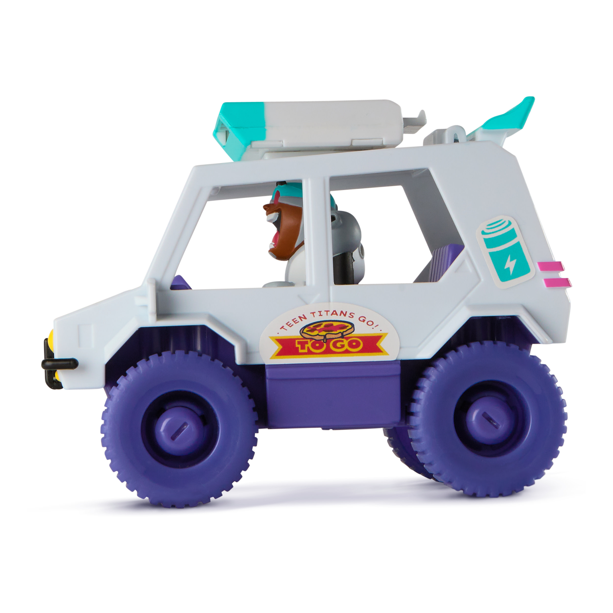 Weißes Spielzeugauto mit lila Reifen und 'Teen Titans Go!'-Logo und Figur am Steuer.