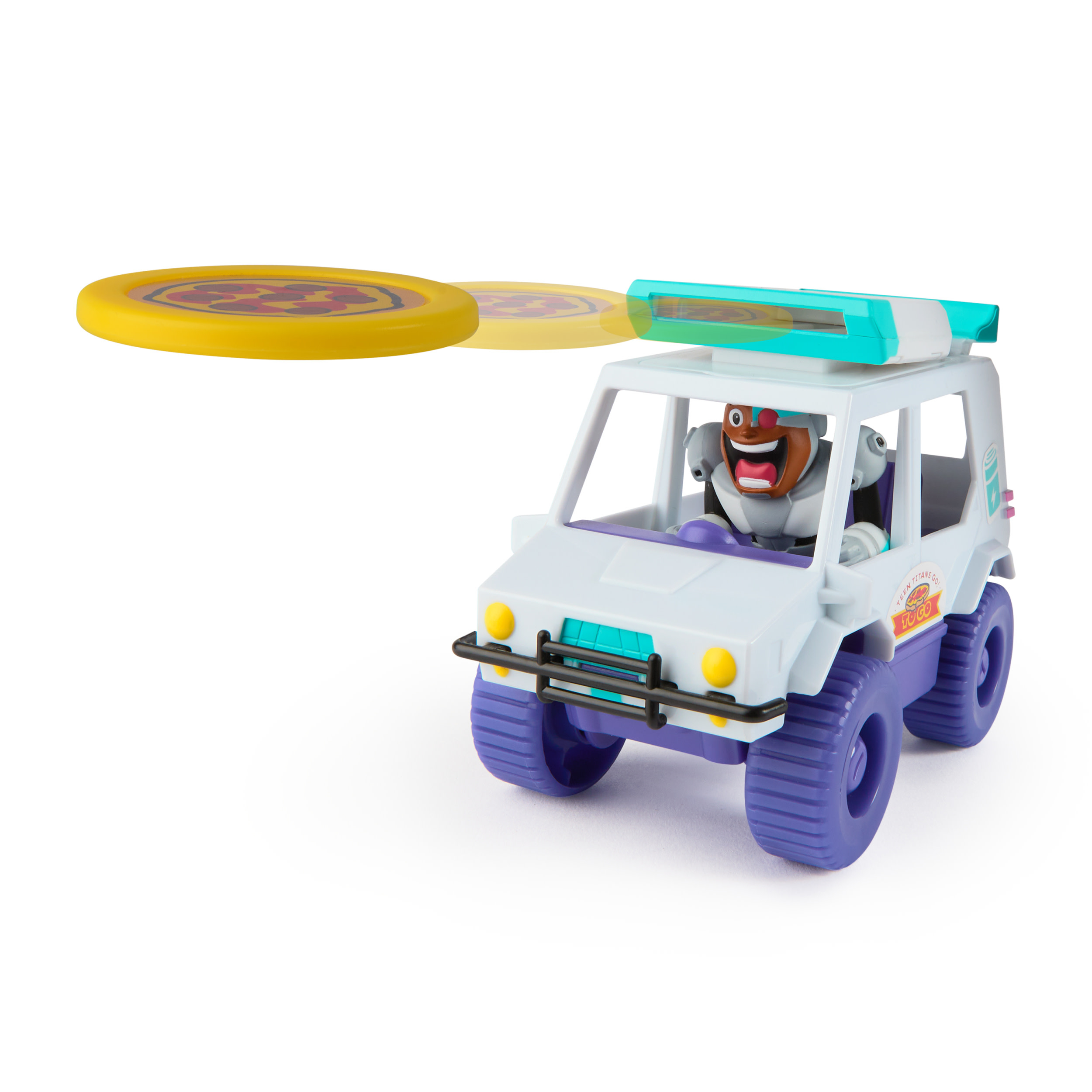 Ein weißes Spielzeugauto mit einer Cyborg-Figur im Inneren und einer fliegenden Scheibe. Das Auto hat lila Räder.