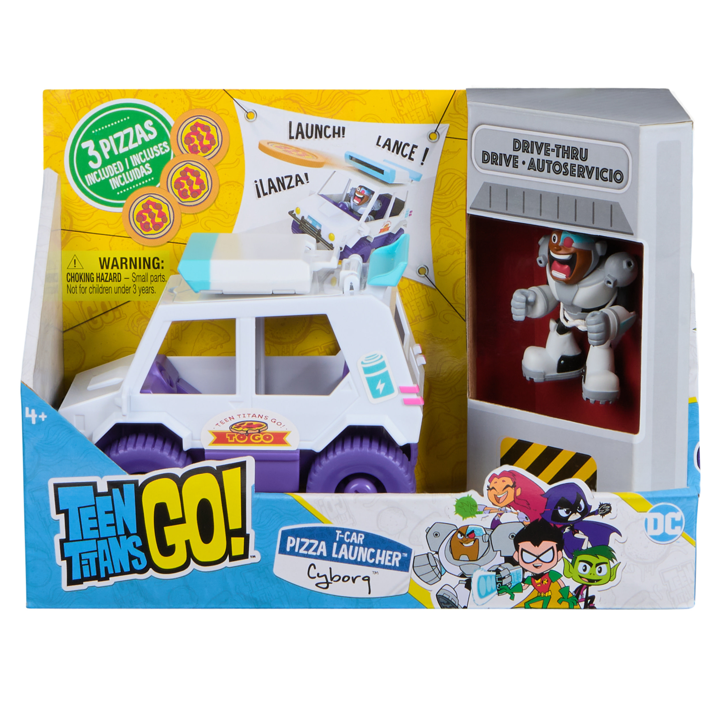 Ein Teen Titans Go! T-Car Pizza Launcher Spielzeugset. Es hat ein Auto, eine Cyborg-Figur und Pizza.