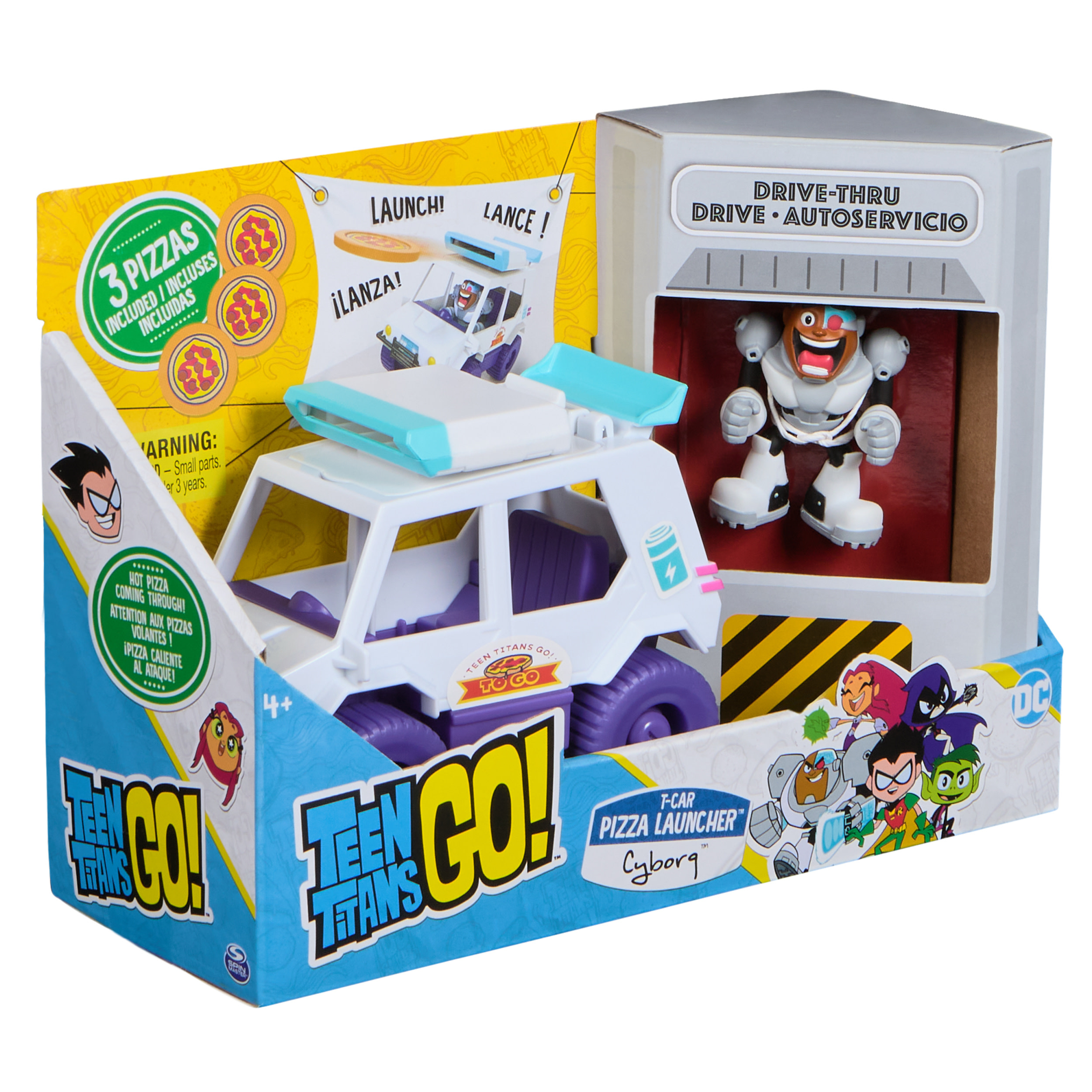 Ein Teen Titans Go! Spielzeugset in einer Box. Es zeigt ein weißes Auto und Cyborg-Figur mit Pizzas.