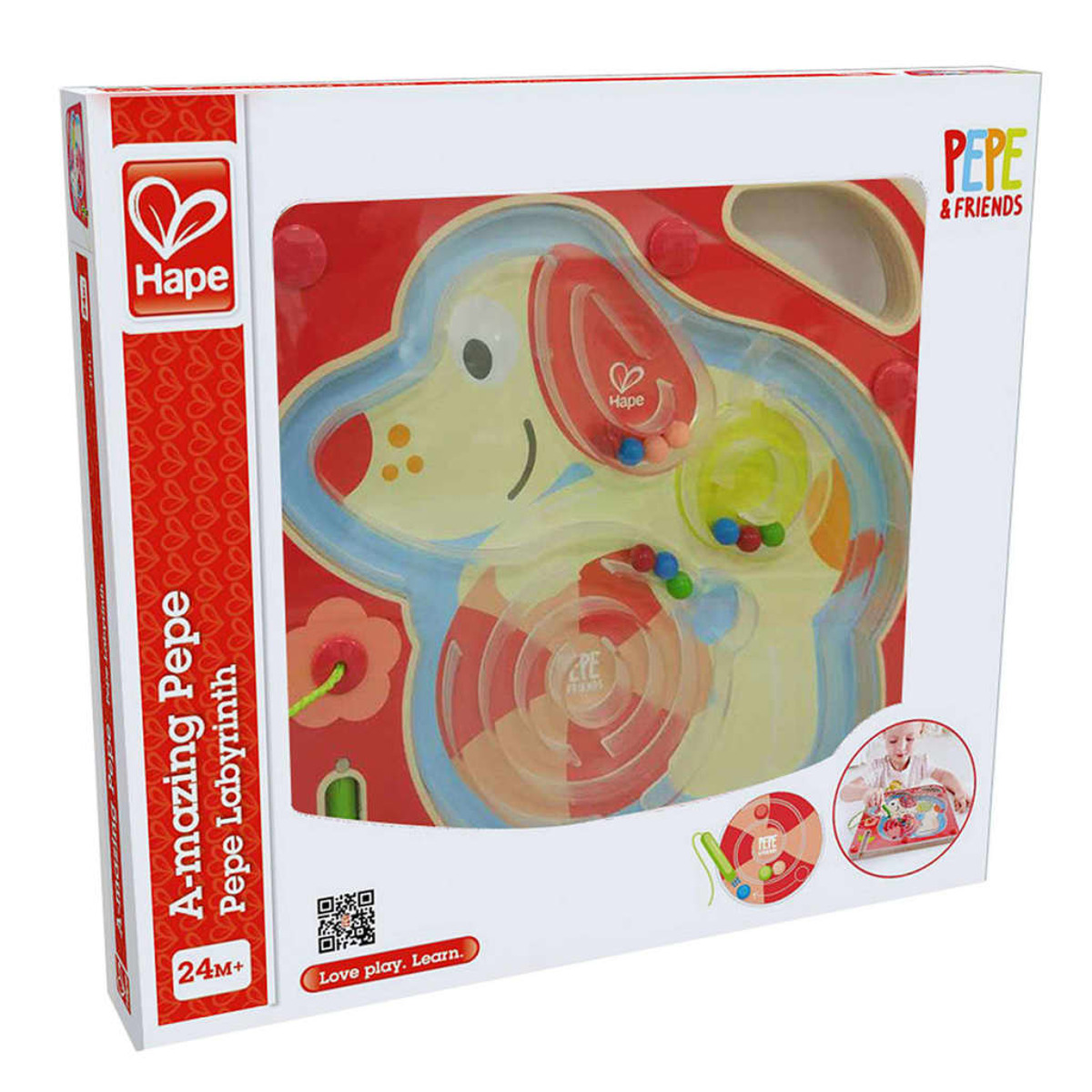Juego de laberinto de juguete en caja con diseño de perro. Colores rojo y blanco, etiquetado "A-mazing Pepe".