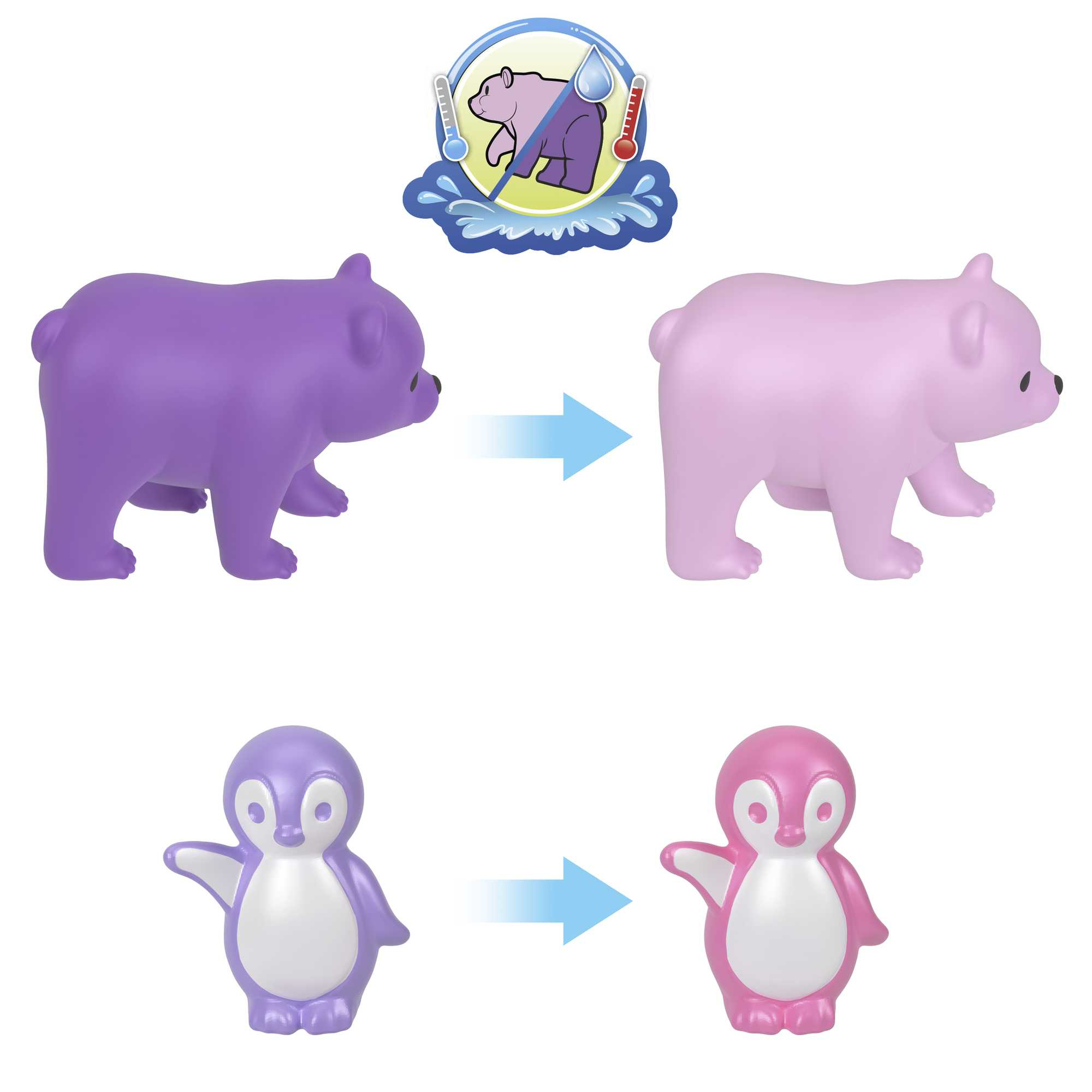 Dwie pary zabawek: fioletowy miś zmienia się w różowego, fioletowy pingwin zmienia się w różowego. Strzałki i symbol wody.