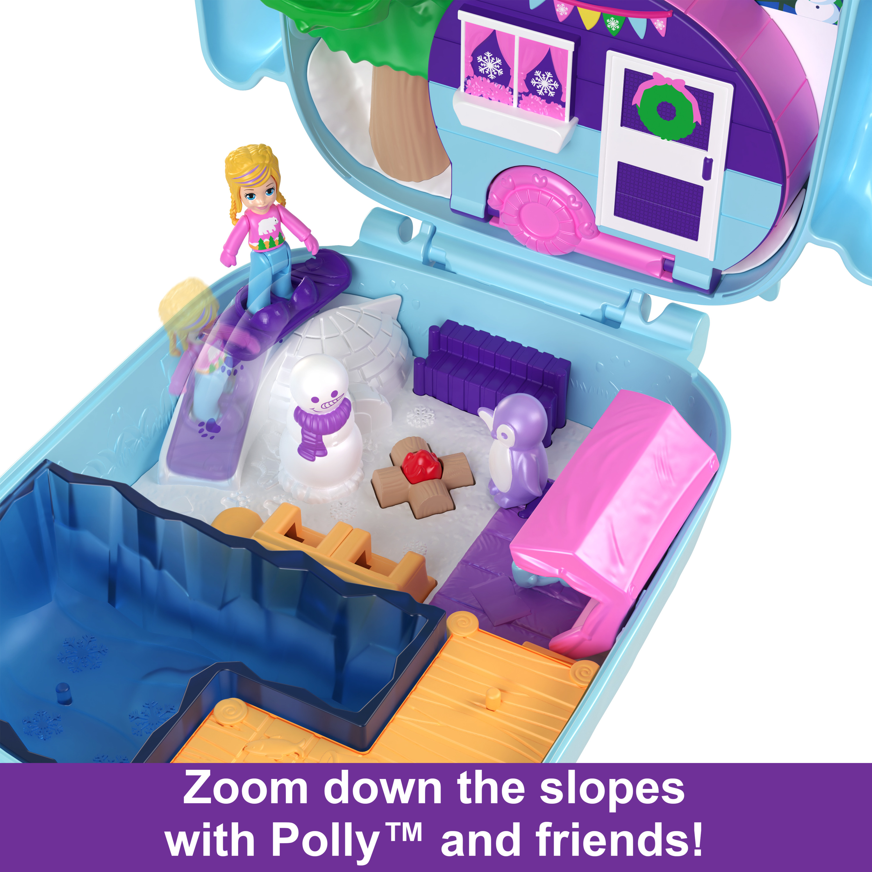 Zestaw Polly Pocket w niebieskiej obudowie. Stok narciarski z lalką i bałwanem.