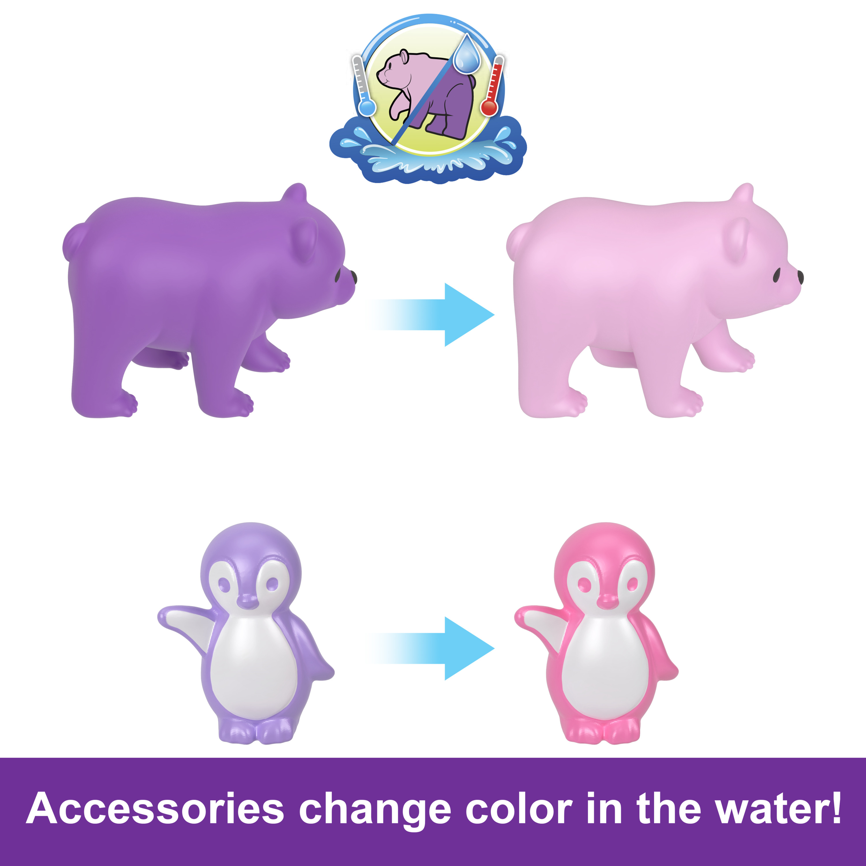 Dwie pary zabawek: fioletowy miś zmienia się w różowego, fioletowy pingwin zmienia się w różowego. Strzałki i symbol wody.