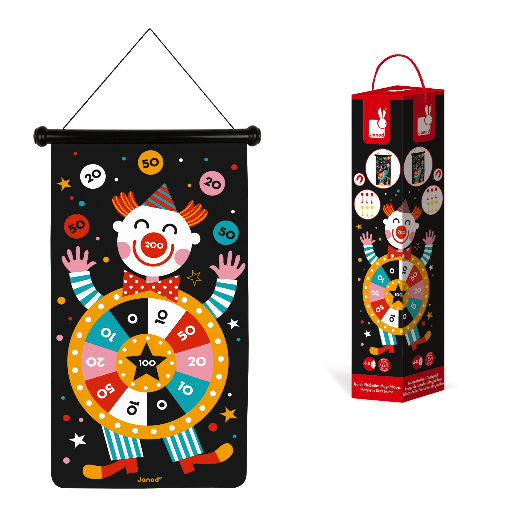 Tarcza do darta z klaunem, czerwoną twarzą klauna i magnetyczną grą w rzutki.