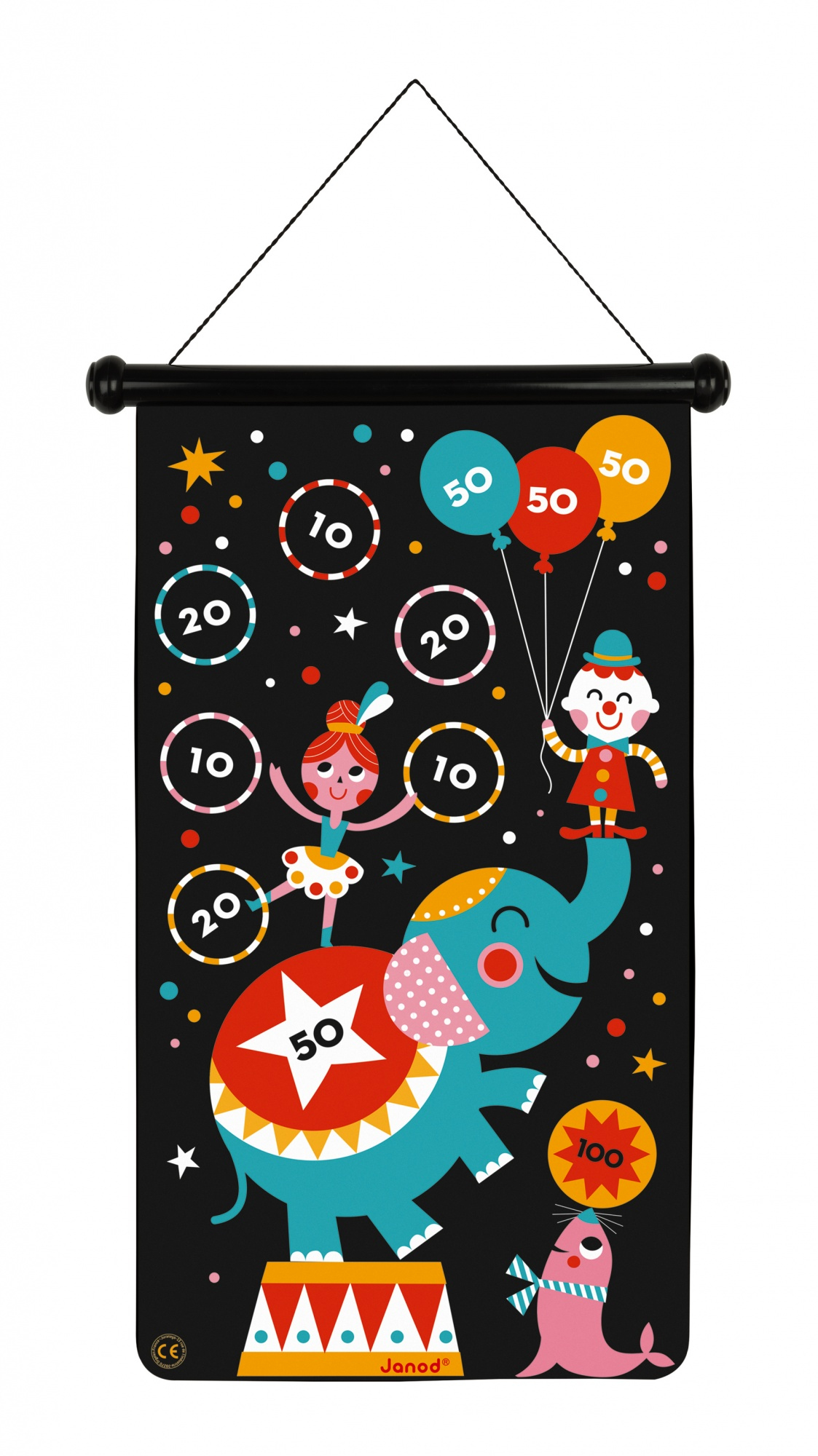 Gra w rzutki o tematyce cyrkowej ze słoniem, klaunem, baletnicą i foką na czarnym tle.