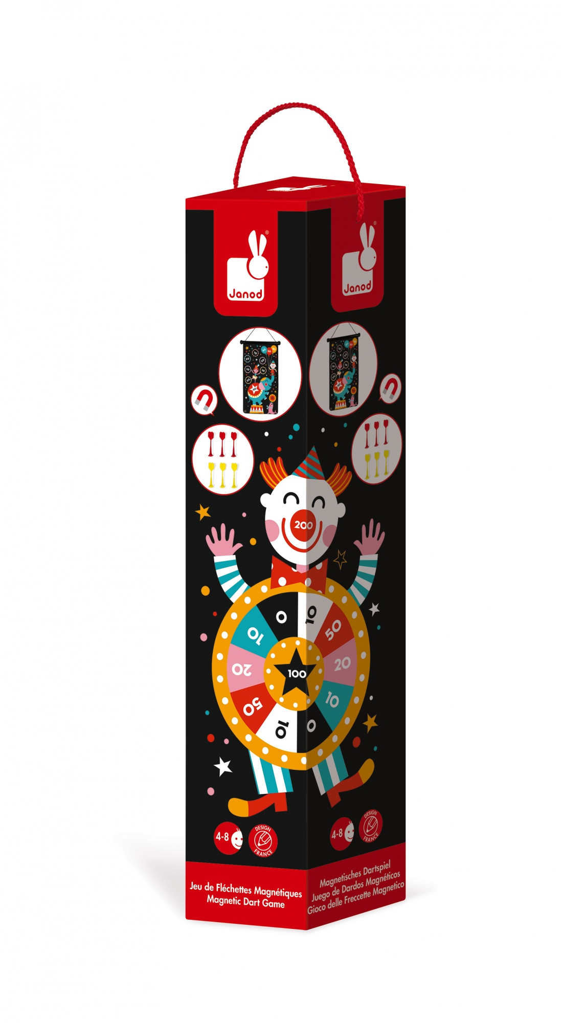 Wysokie, czarne pudełko magnetycznej gry w rzutki z ilustracją klauna. Czerwony uchwyt na górze.