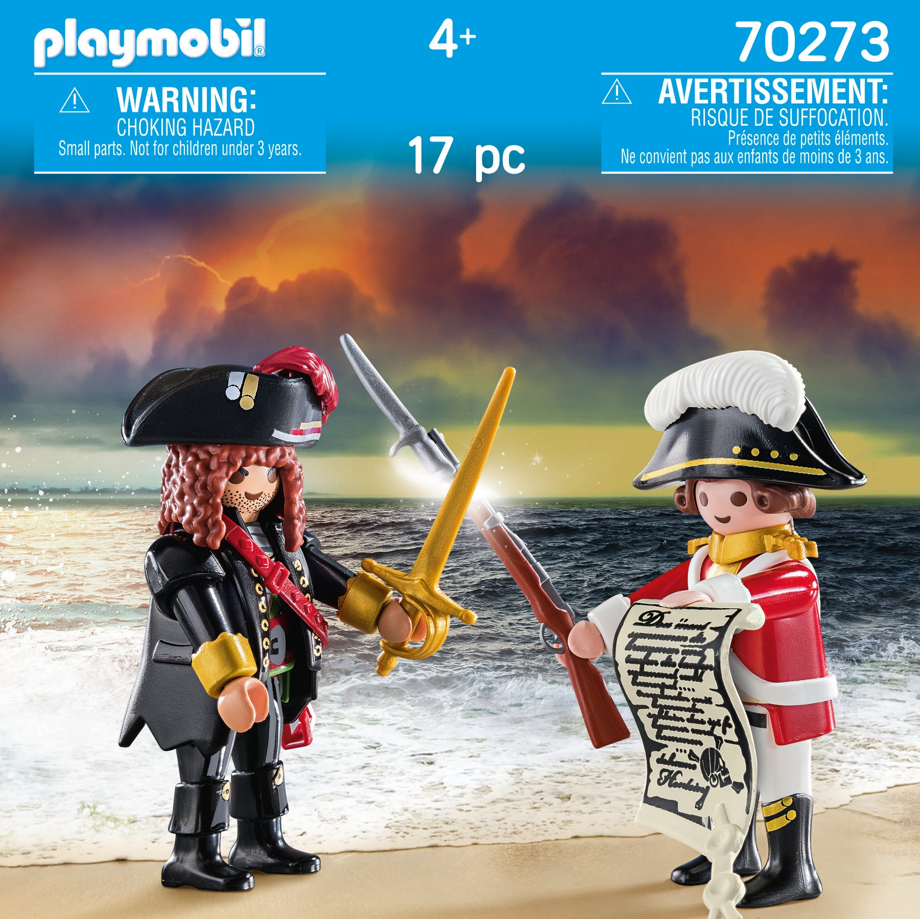 Dwie figurki piratów Playmobil naprzeciwko siebie na plaży z mieczami i listą.