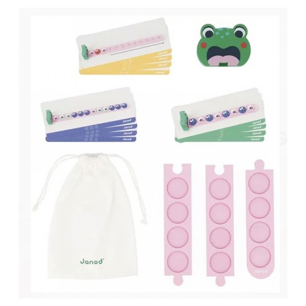 Różne zabawki: tablice do liczenia, głowa żaby i kolorowe elementy.